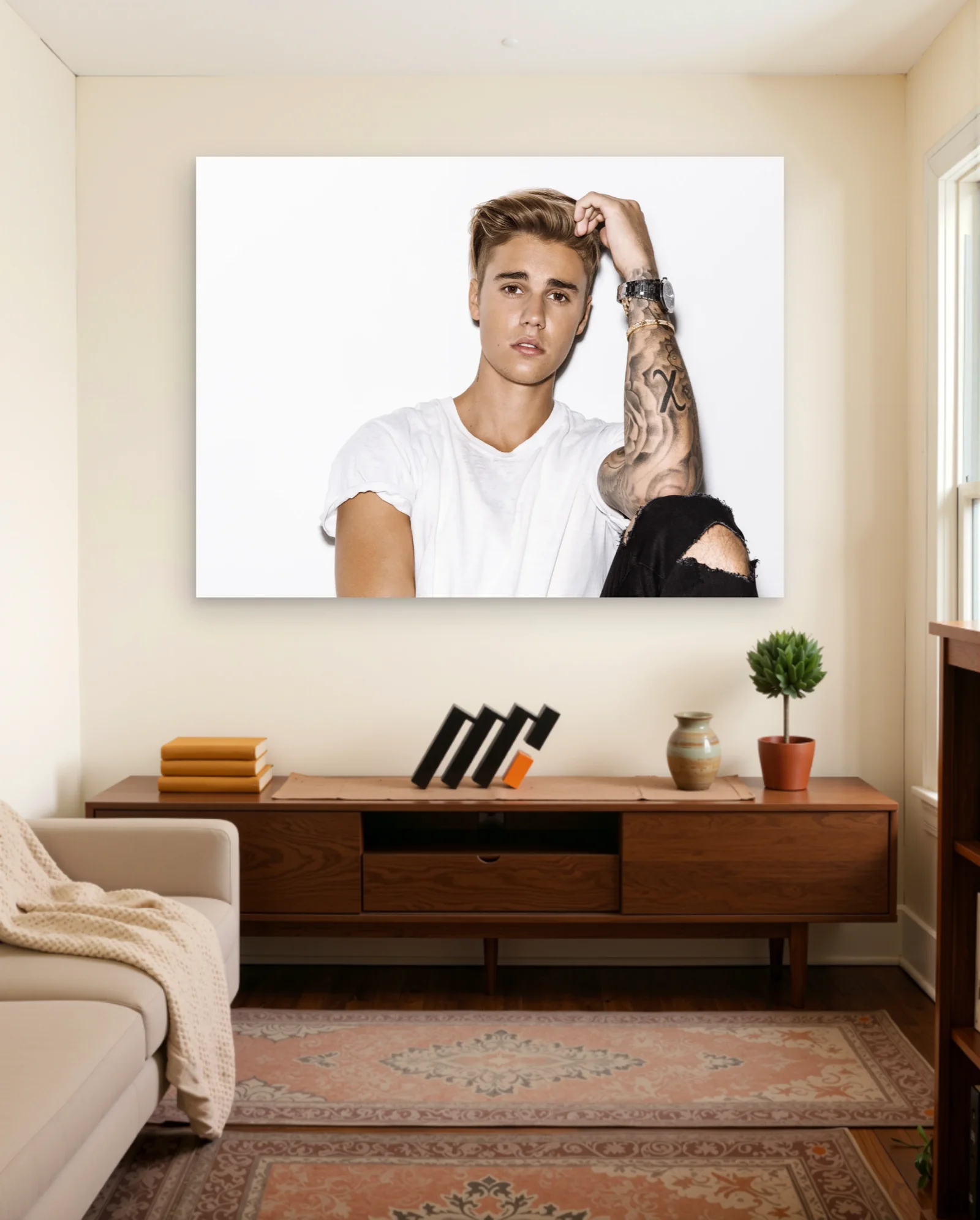 Justin Bieber Tattoo Sleeve Poster — framed wall art poster by Memocult