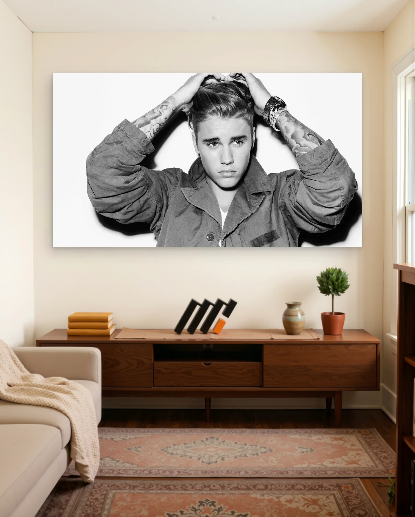 Justin Bieber Tattoos Hands In Hair Poster — framed wall art poster by Memocult