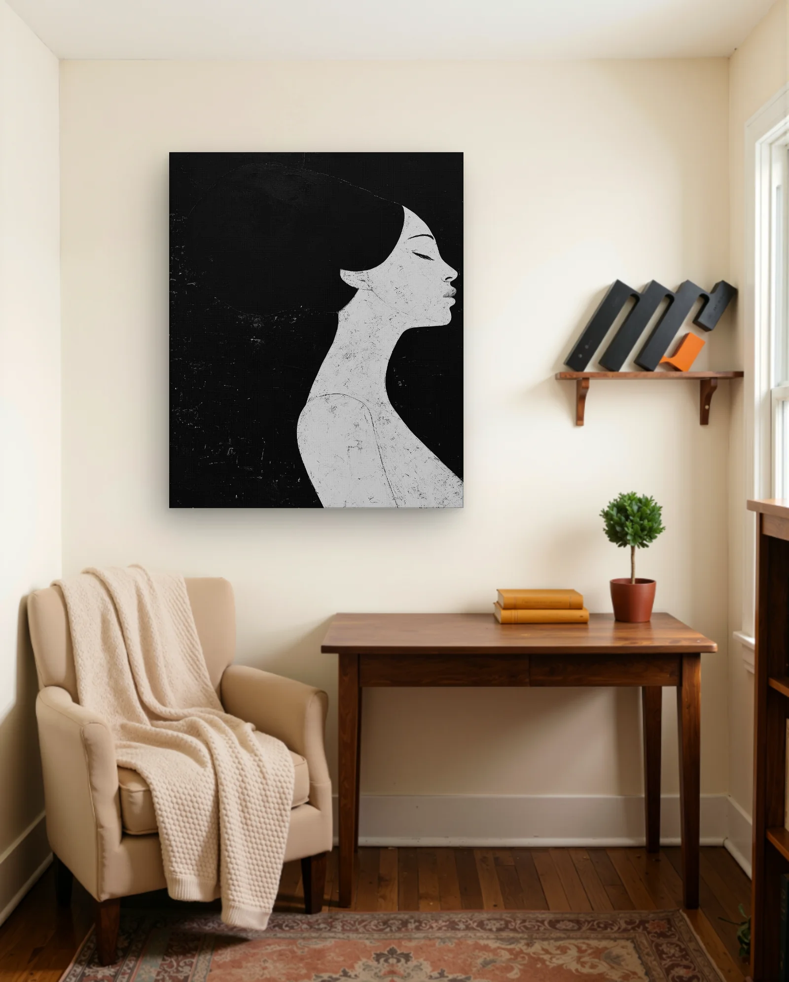 Monochrome Woman Profile High Bun Wall Art — framed wall art poster by Memocult