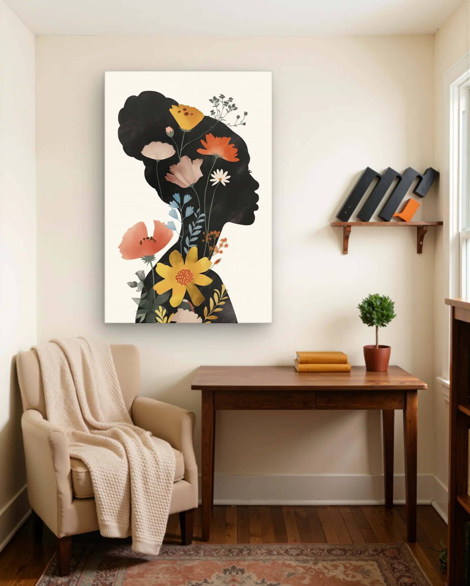 Afro Woman Profile With Wildflowers Wall Art — framed wall art poster by Memocult