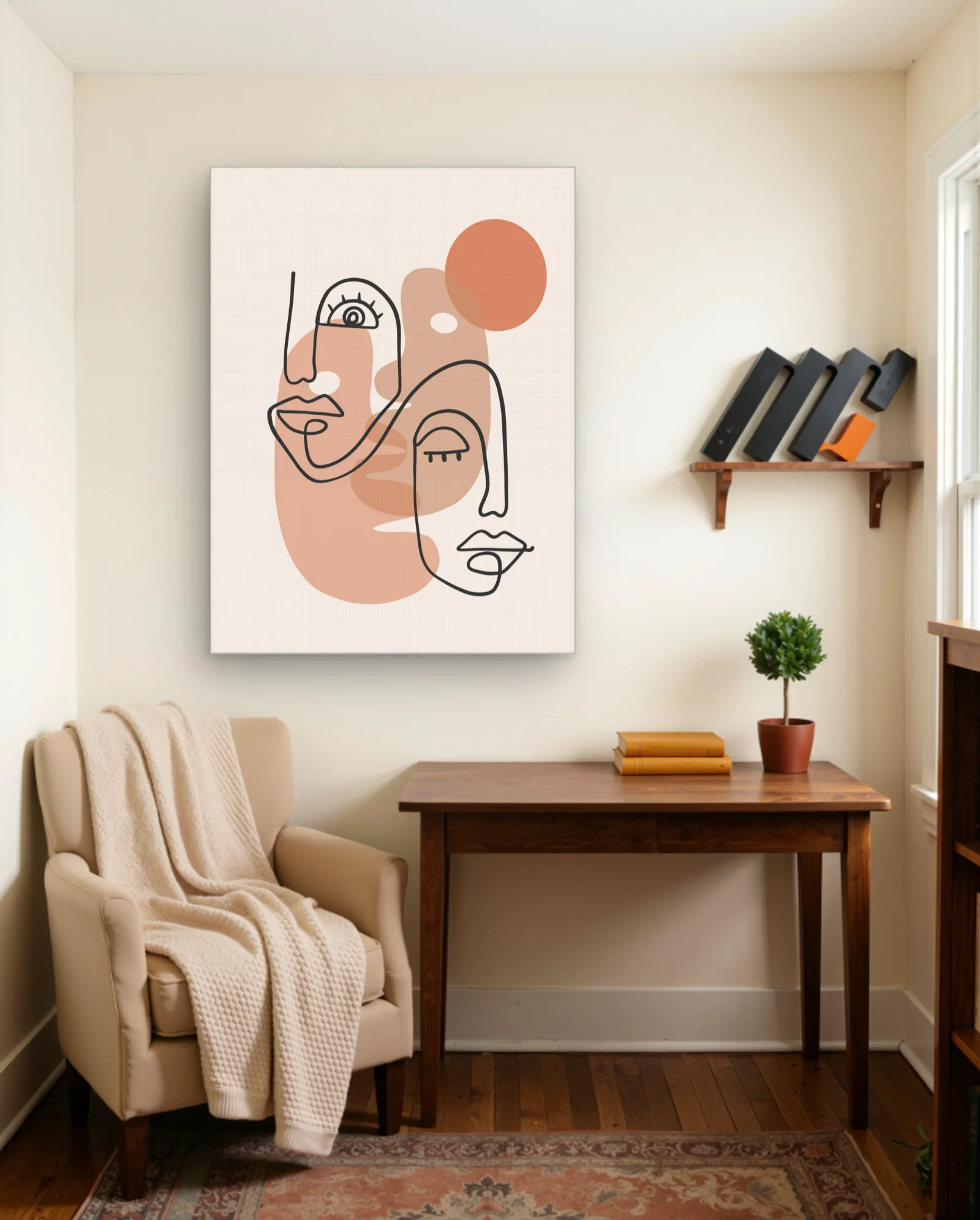 Continuous Line Two Faces Terracotta Wall Art — framed wall art poster by Memocult