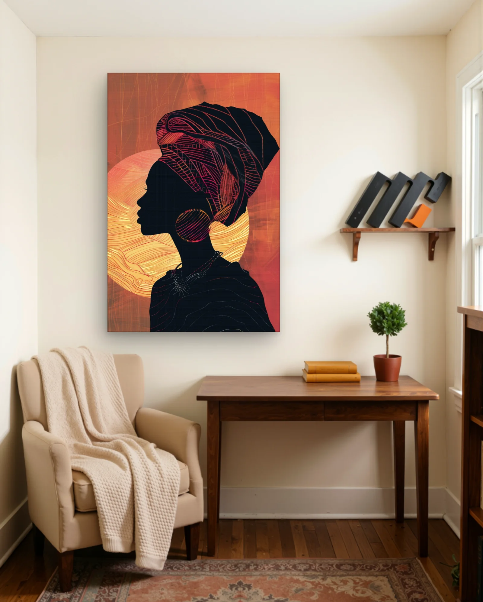 Woman Profile Warm Sunset Headwrap Wall Art — Modern Digital Art abstract & modern wall art poster