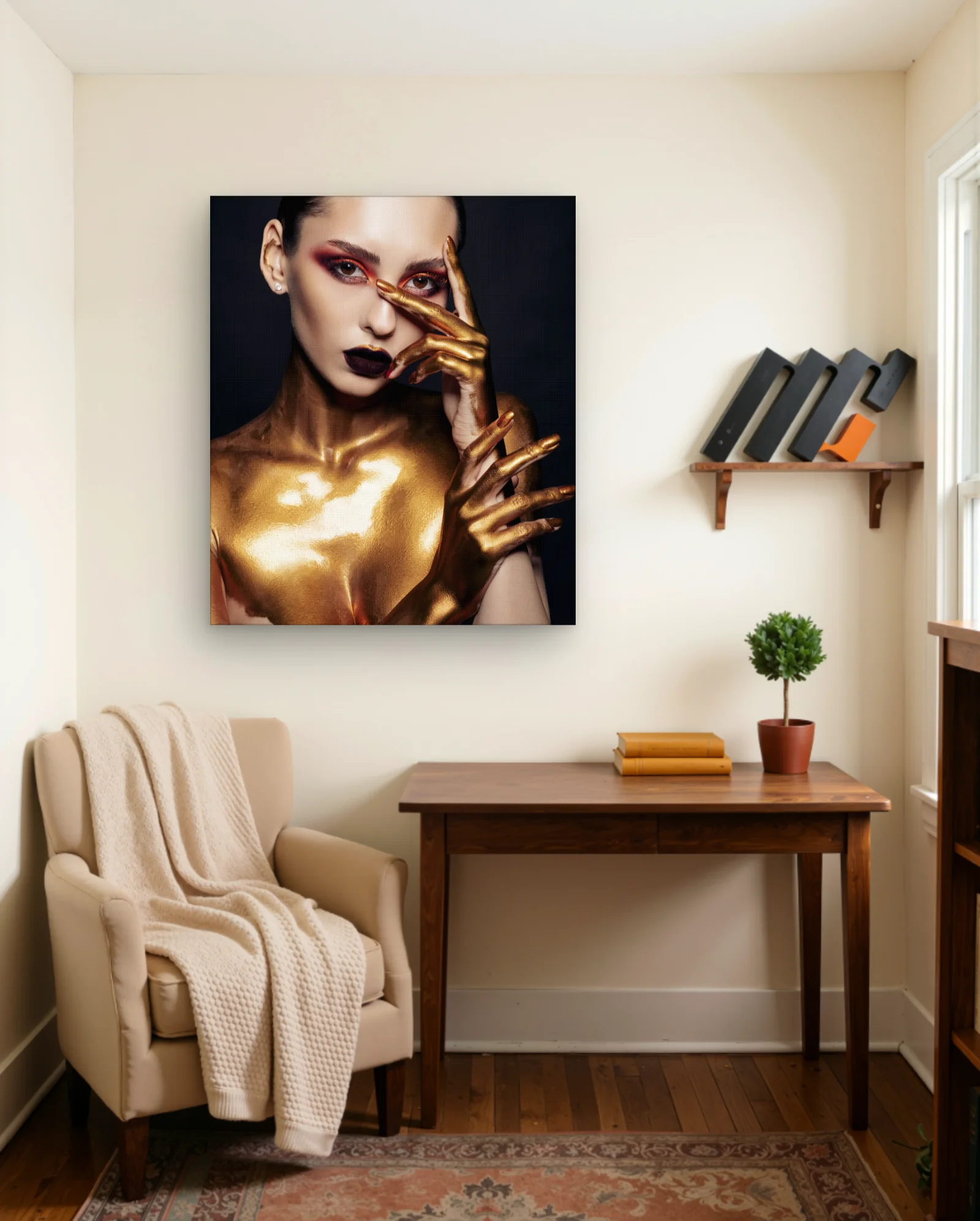 Gold Body Paint Woman Hand Over Eye Wall Art — framed wall art poster by Memocult