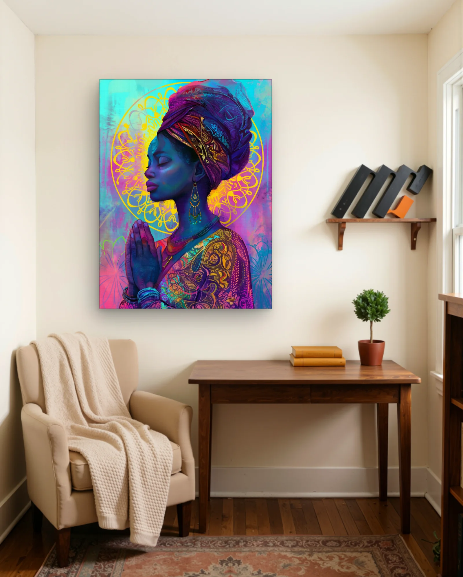 Woman Praying Patterned Headwrap Golden Halo Wall Art — framed wall art poster by Memocult