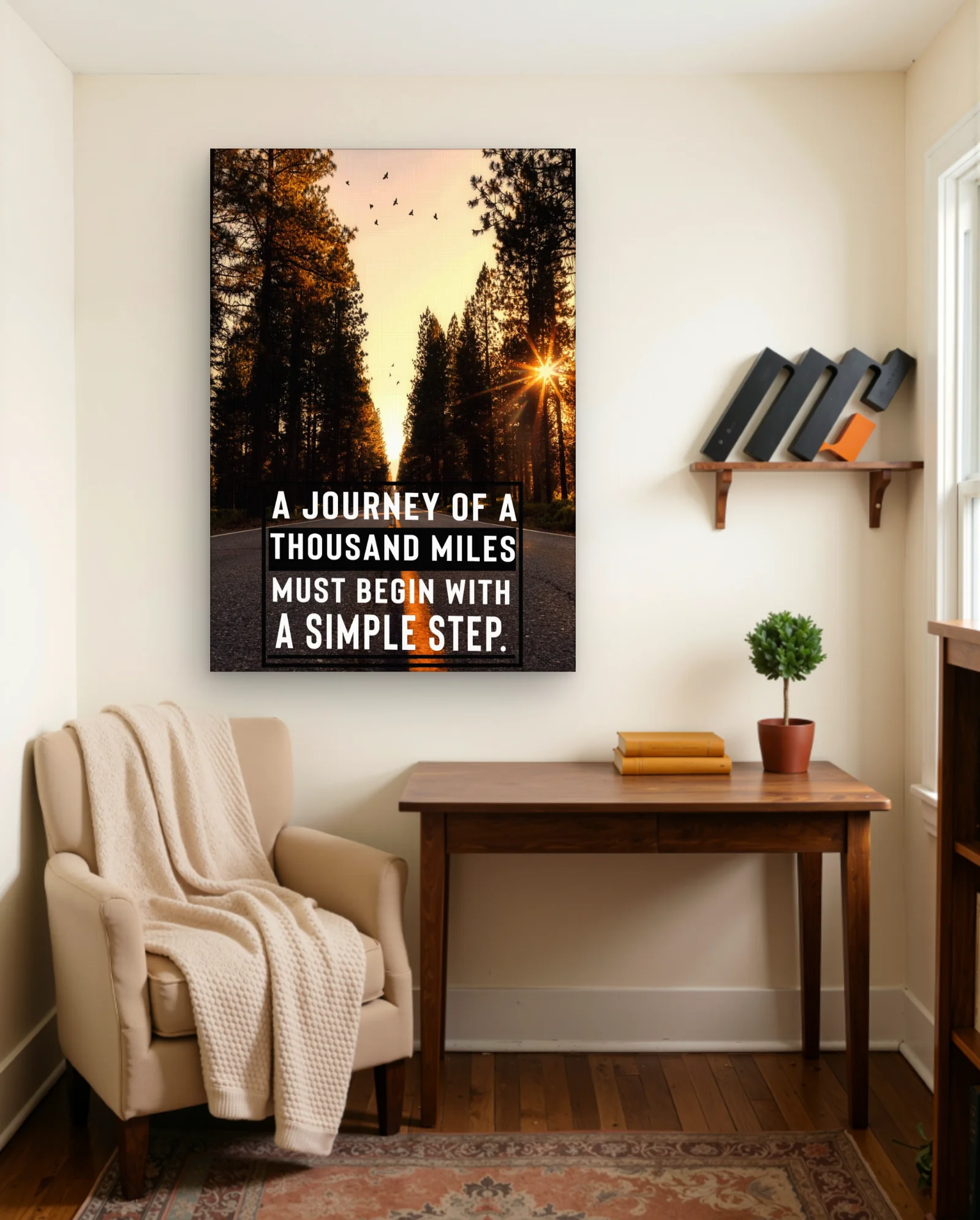 A Journey Of A Thousand Miles Must Begin Poster — framed wall art poster by Memocult