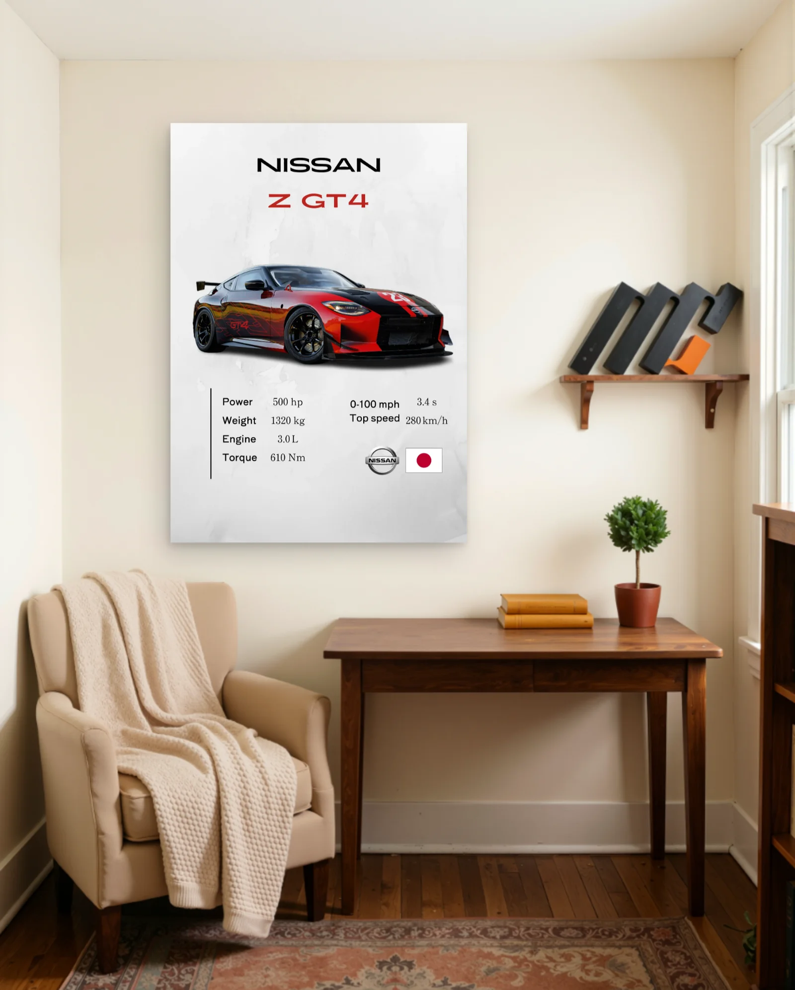 Nissan Z GT4 Red Black Livery Poster — framed wall art poster by Memocult