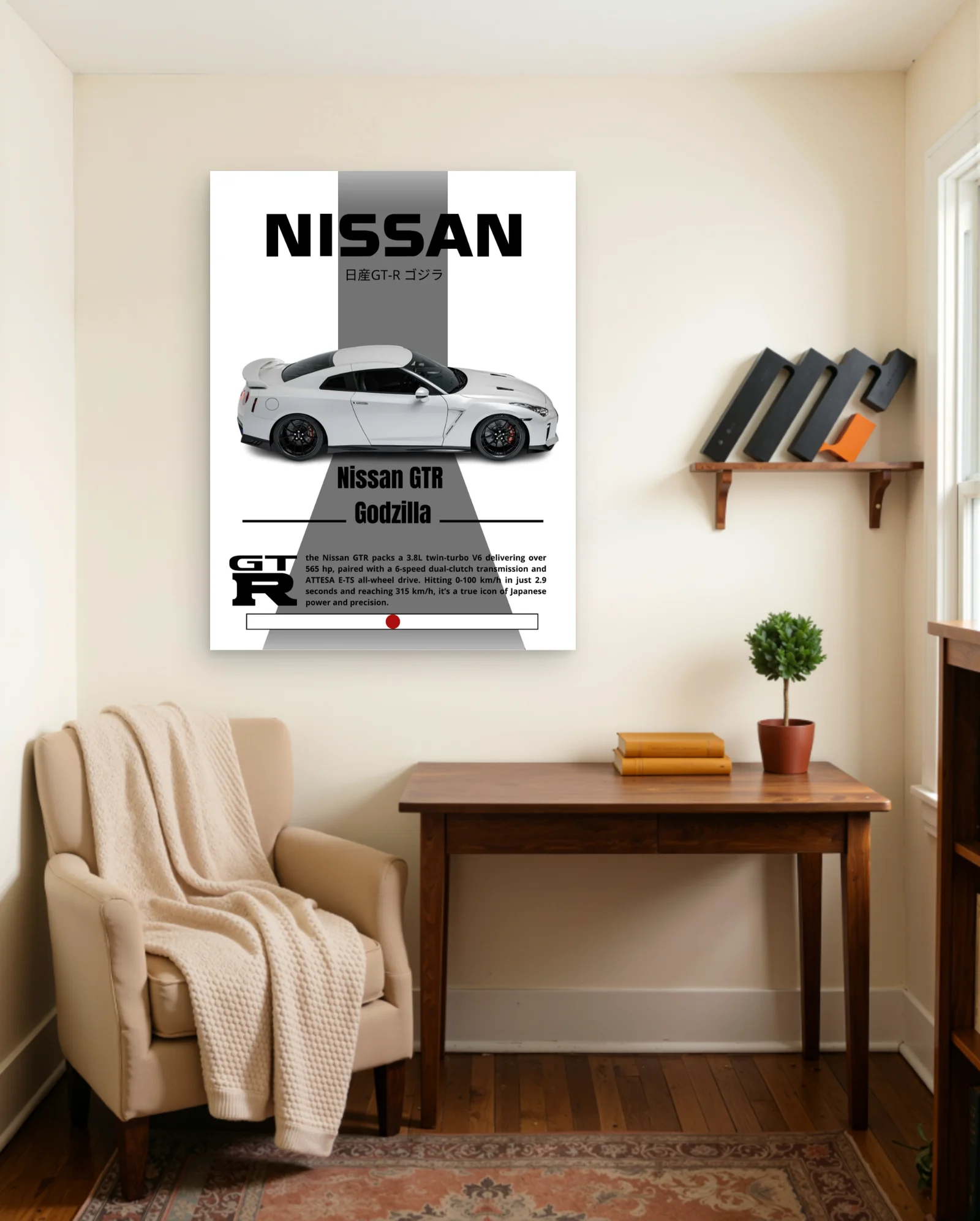 Nissan GT-R Godzilla White Poster — framed wall art poster by Memocult
