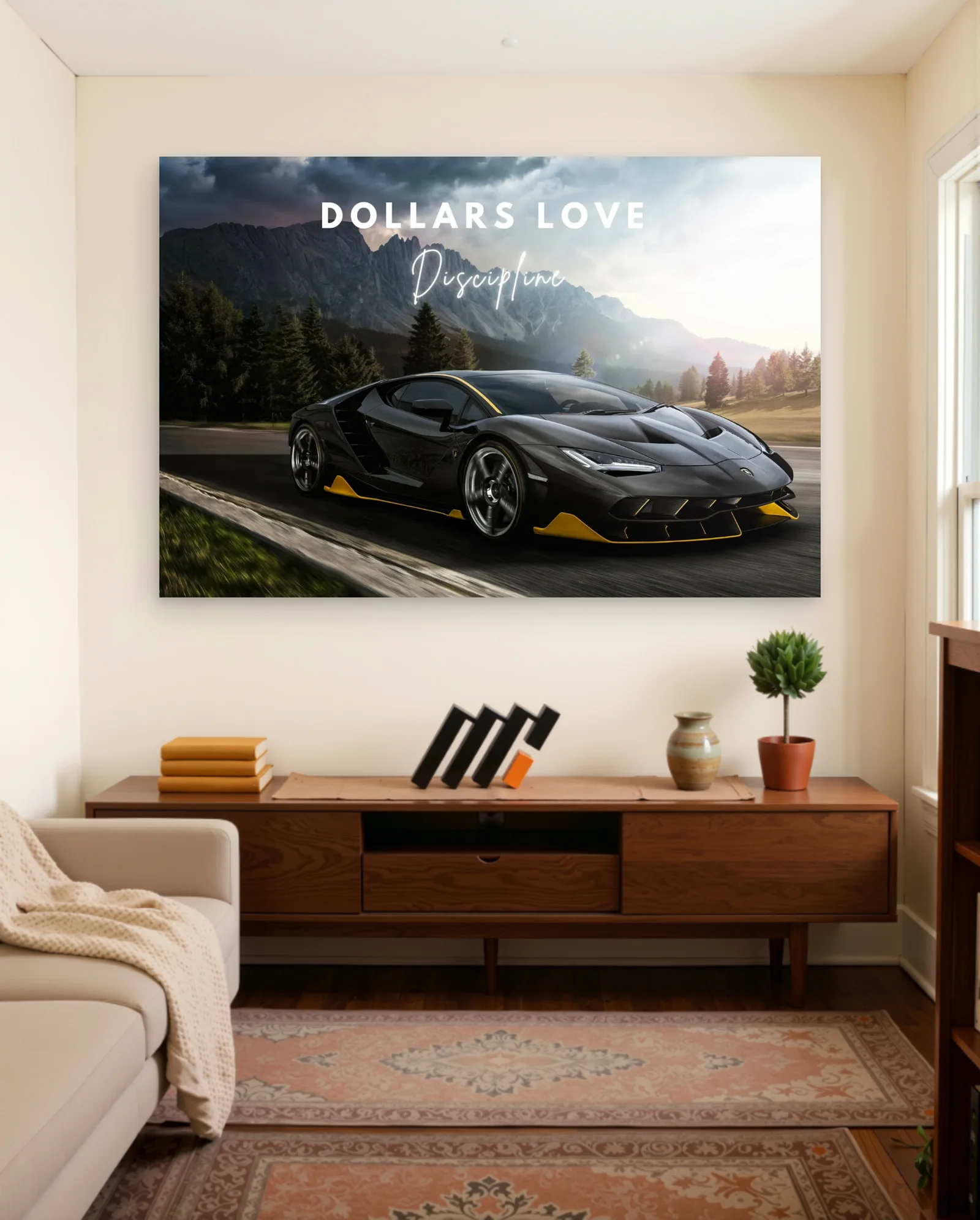 Lamborghini — Black & Yellow Supercar Mountain Run (front three-quarter) — framed wall art poster by Memocult
