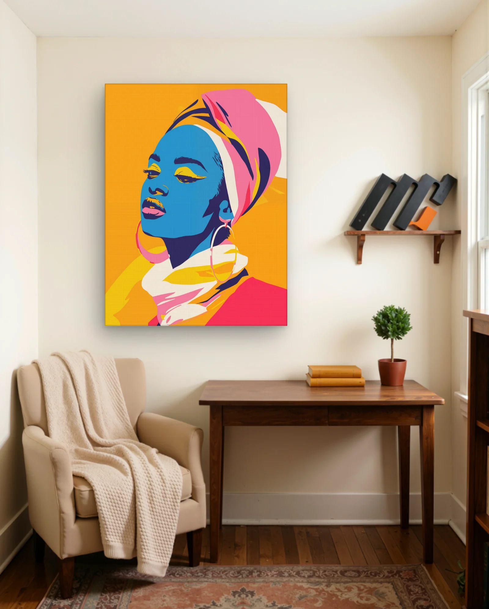 Blue Woman Pink Headwrap Gold Hoops Wall Art — Modern Digital Art abstract & modern wall art poster