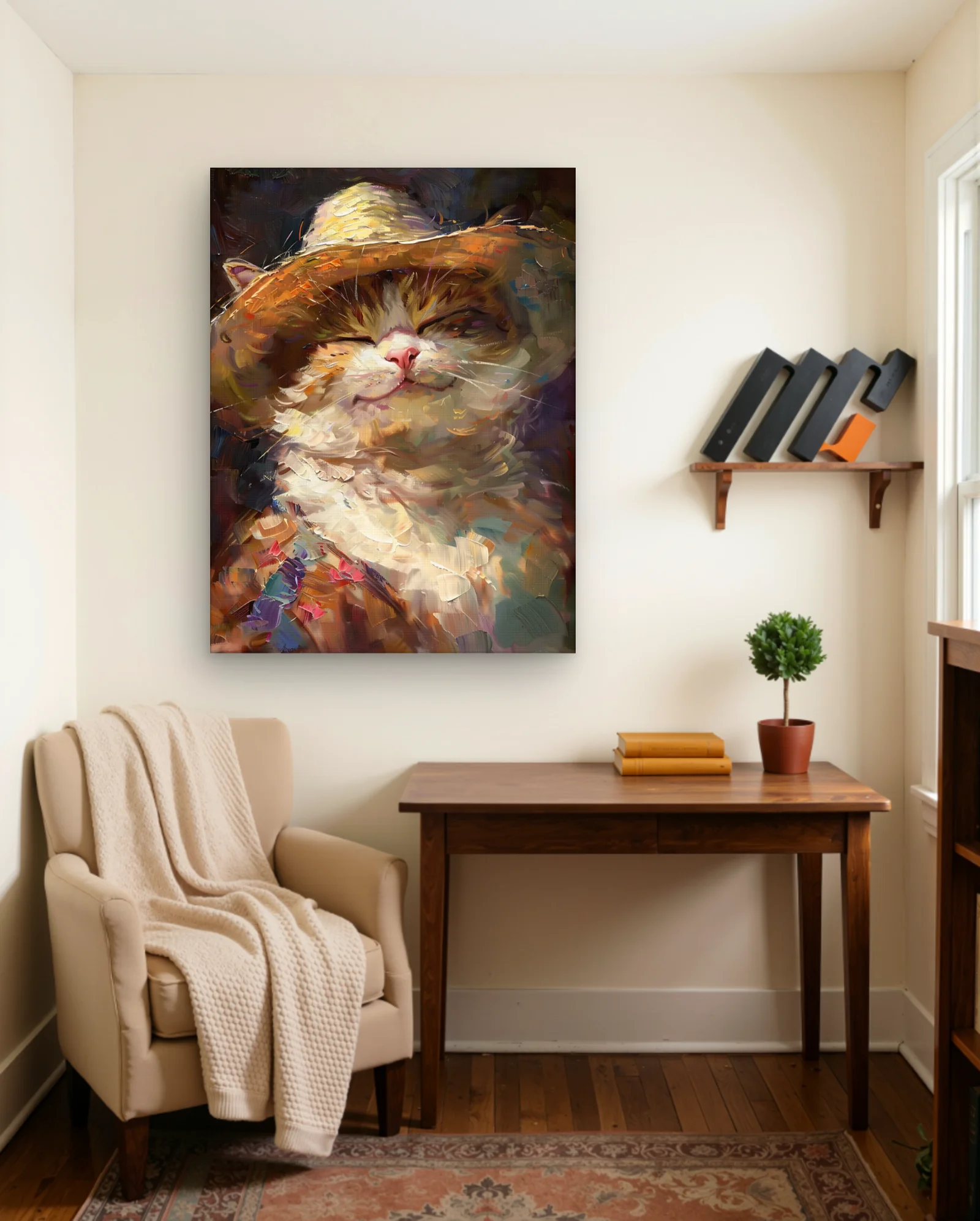 Ginger Cat With Straw Hat Wall Art — framed wall art poster by Memocult