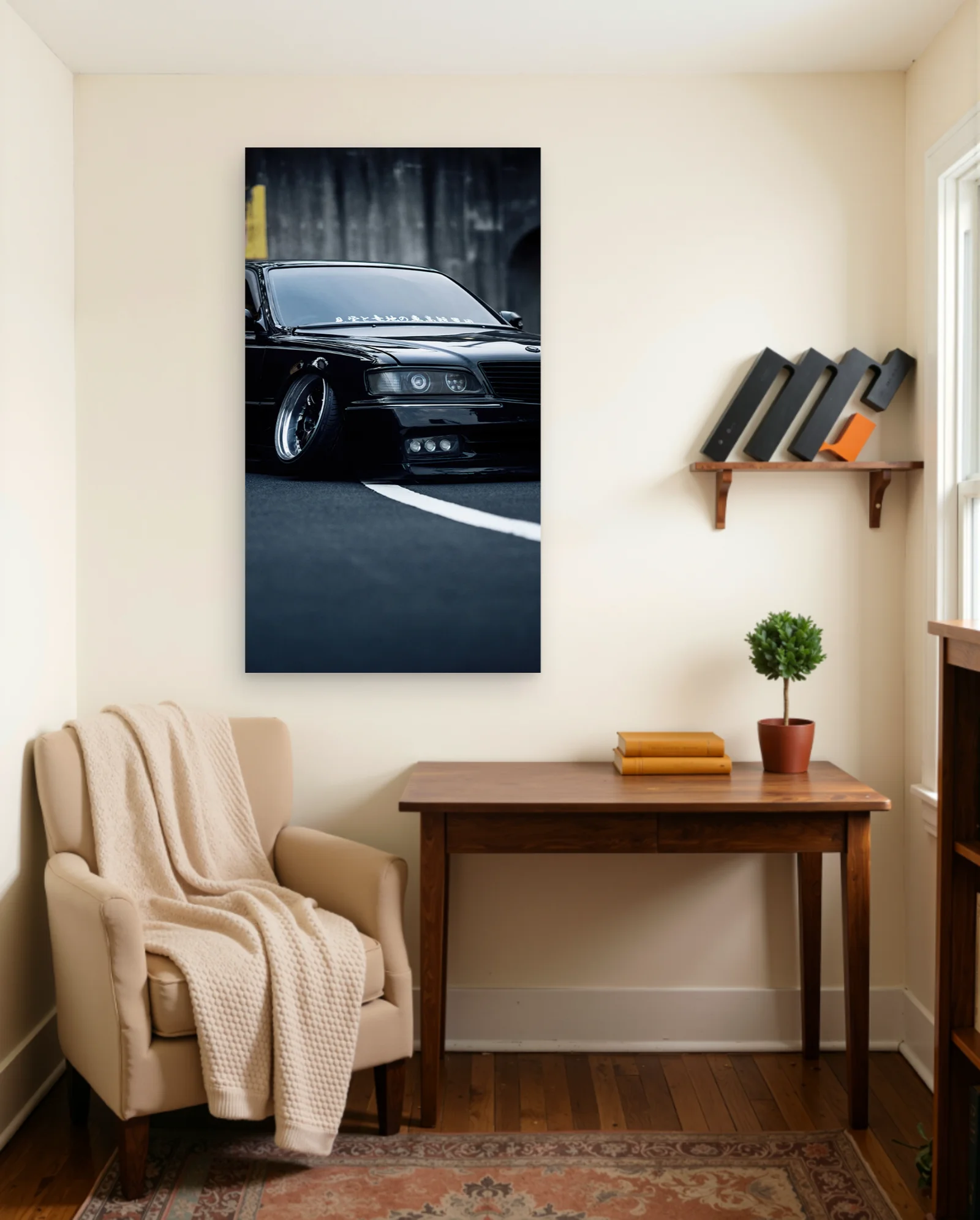 Black Stanced JDM Sedan Poster — framed wall art poster by Memocult