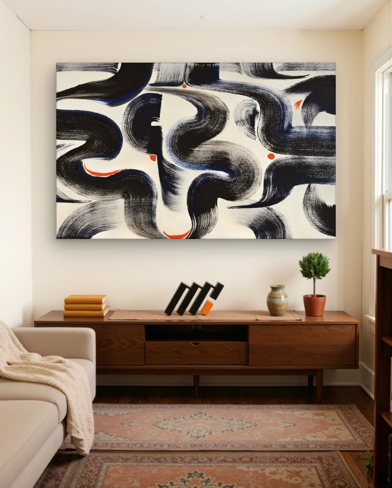 Black Brushstrokes With Red Dots Wall Art — Abstract abstract & modern wall art poster
