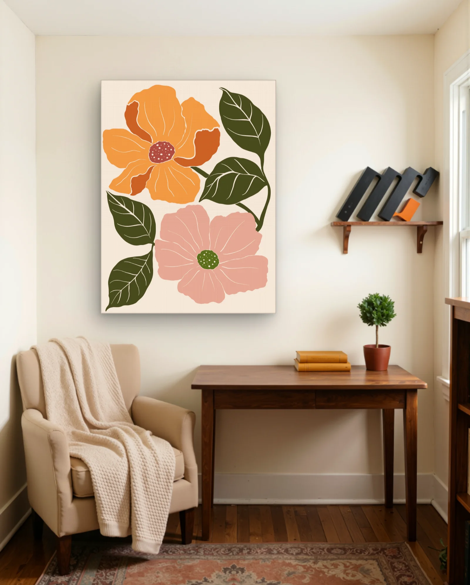 Orange And Pink Flowers With Olive Leaves Wall Art — framed wall art poster by Memocult