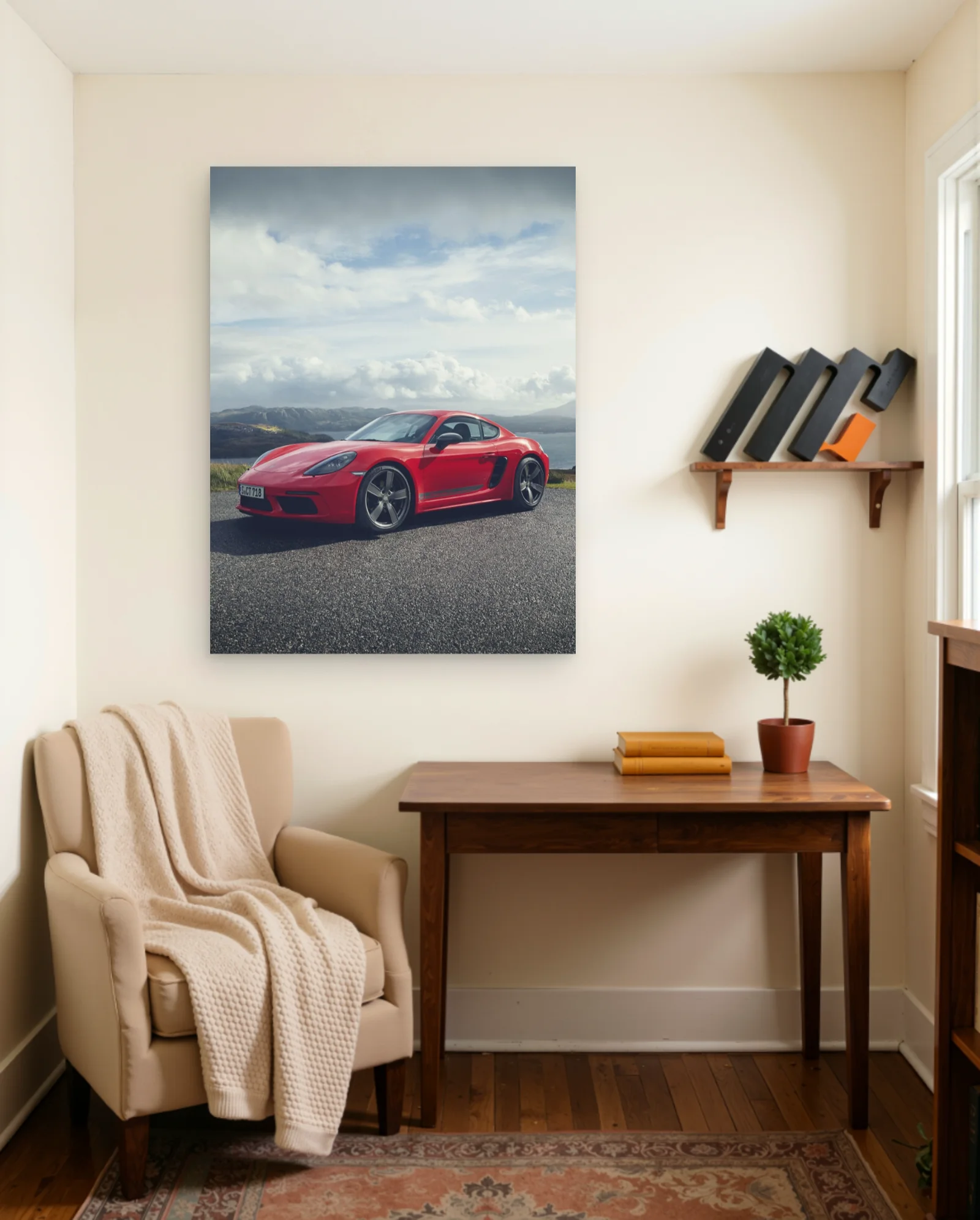 Red Porsche 718 Cayman Landscape Poster — framed wall art poster by Memocult