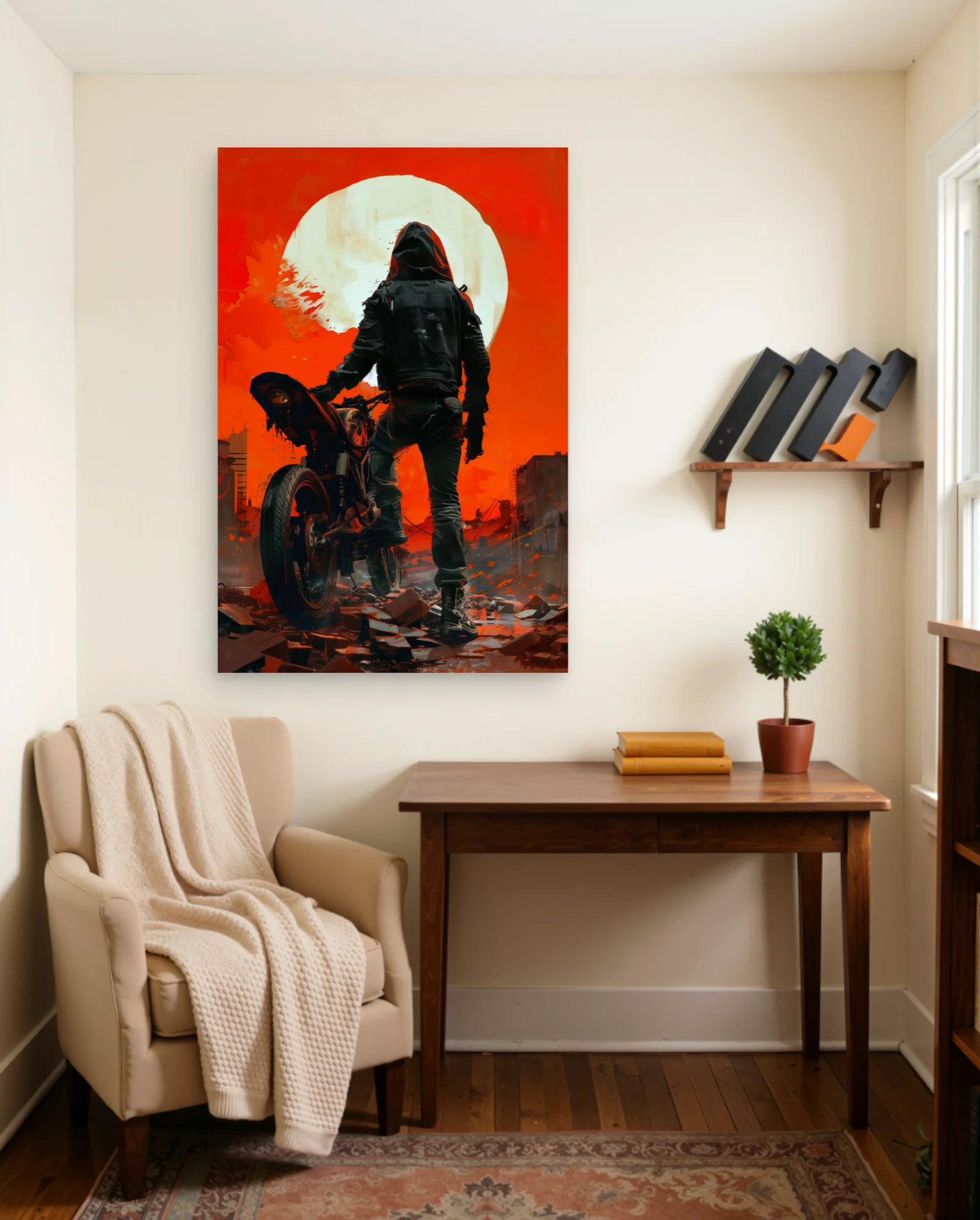 Hooded Biker Red Sun Poster — framed wall art poster by Memocult