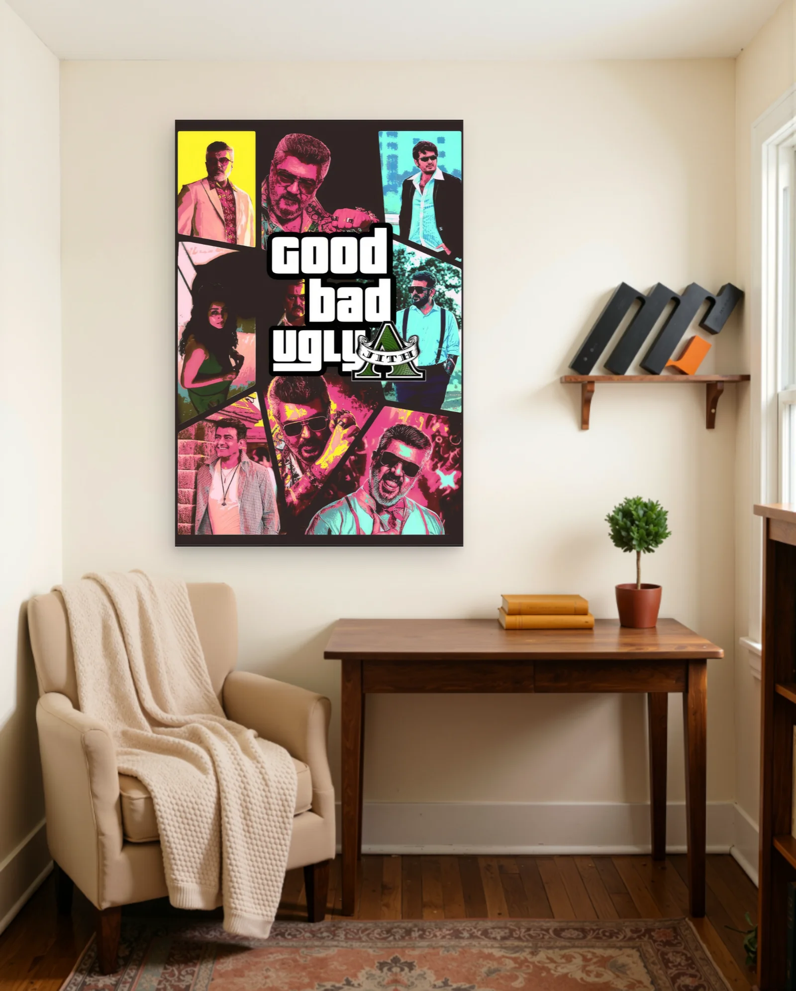 Ajith Kumar Good Bad Ugly Collage Poster — framed wall art poster by Memocult
