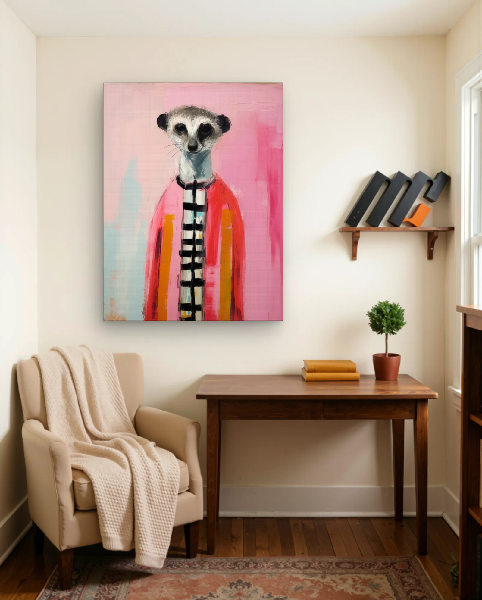 Meerkat In Coral Coat Wall Art — framed wall art poster by Memocult
