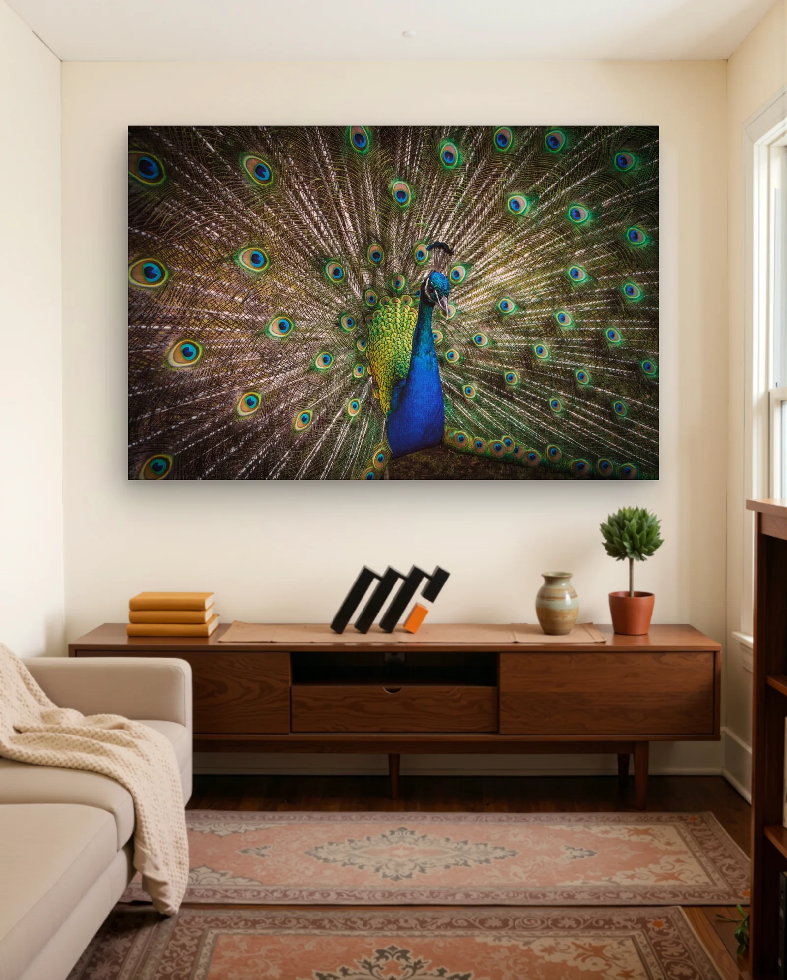 Indian Peafowl Displaying Feathers Wall Art — framed wall art poster by Memocult