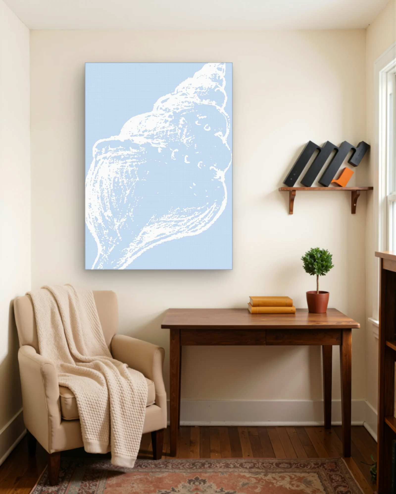 White Seashell Pale Blue Wall Art — framed wall art poster by Memocult