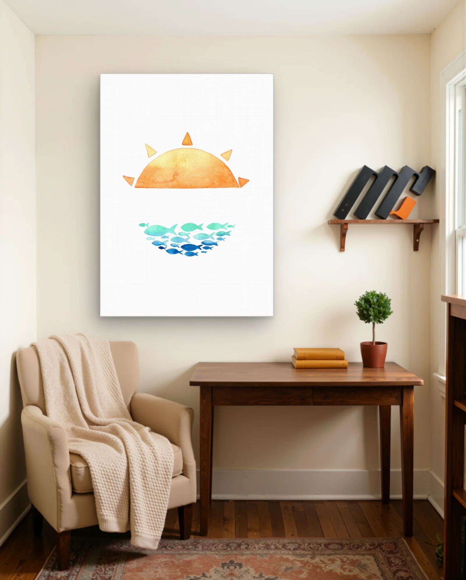 Orange Sun School Of Fish Wall Art — framed wall art poster by Memocult