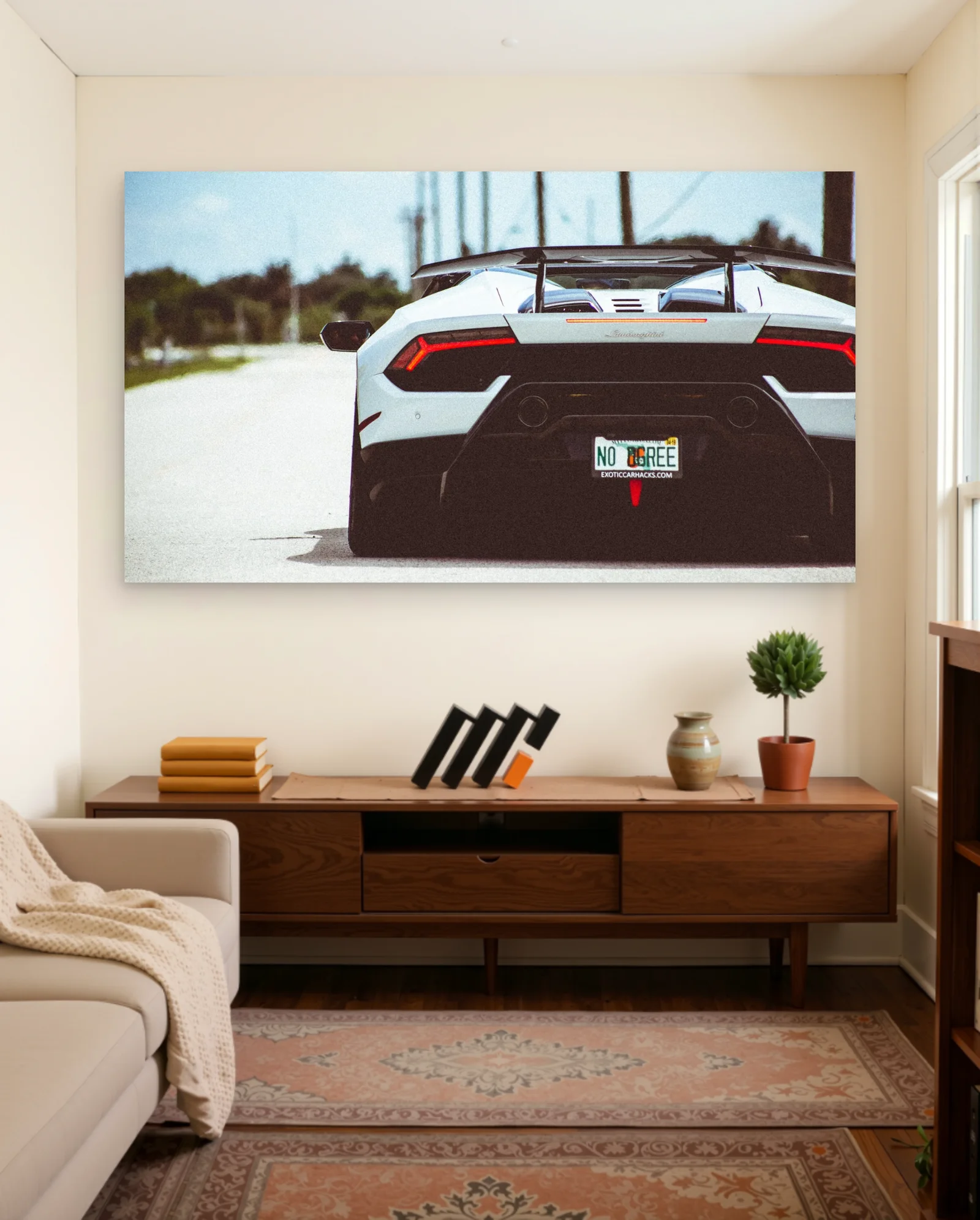White Lamborghini Huracan With Wing Poster — framed wall art poster by Memocult