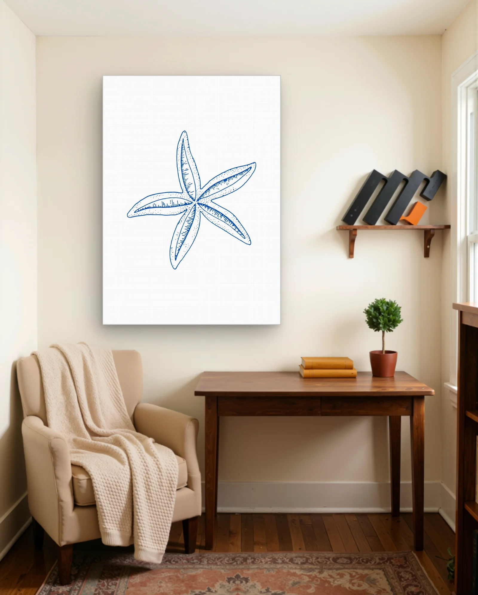 Blue Line Starfish Sketch Wall Art — framed wall art poster by Memocult