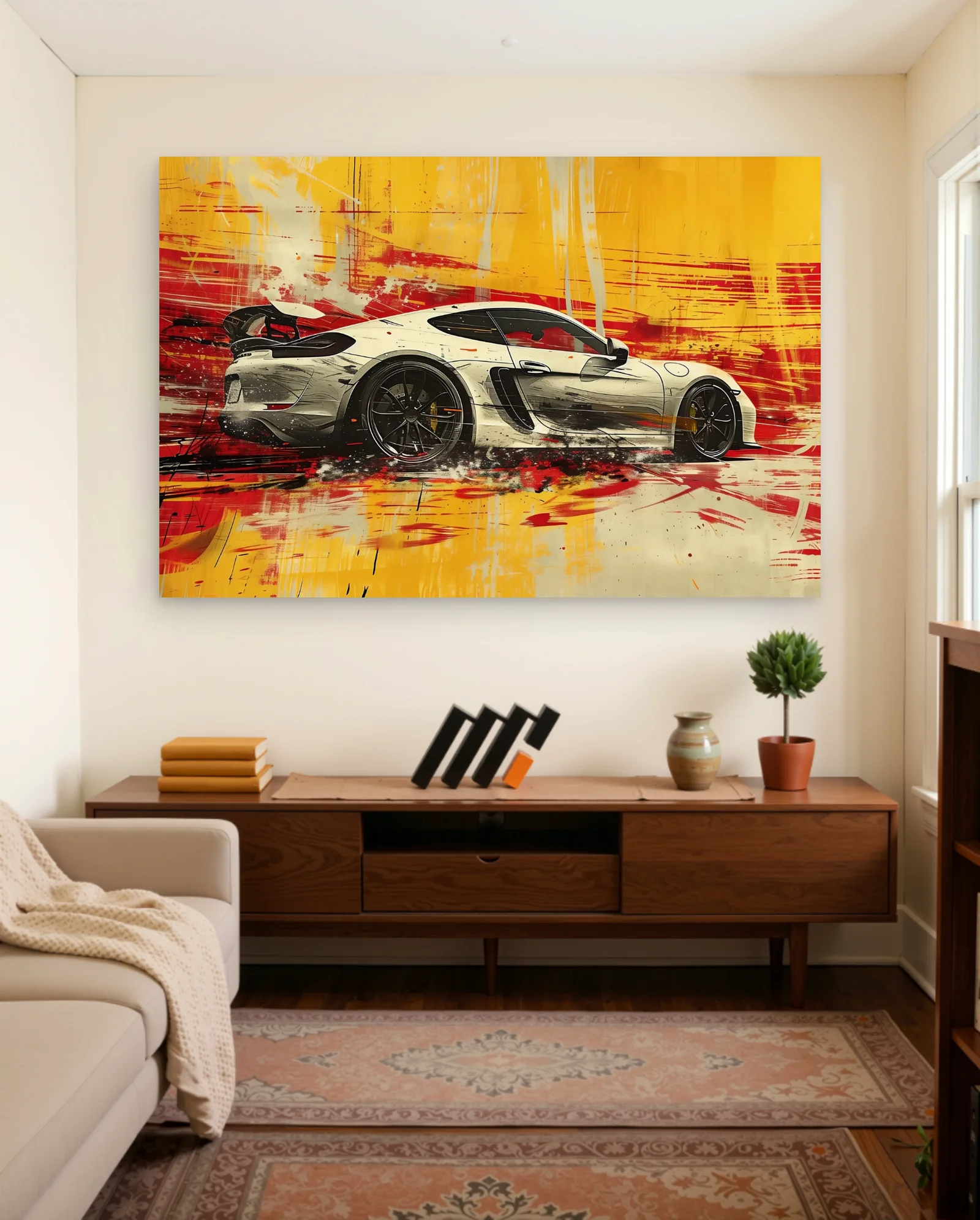 White Porsche Red Yellow Streaks Poster — framed wall art poster by Memocult