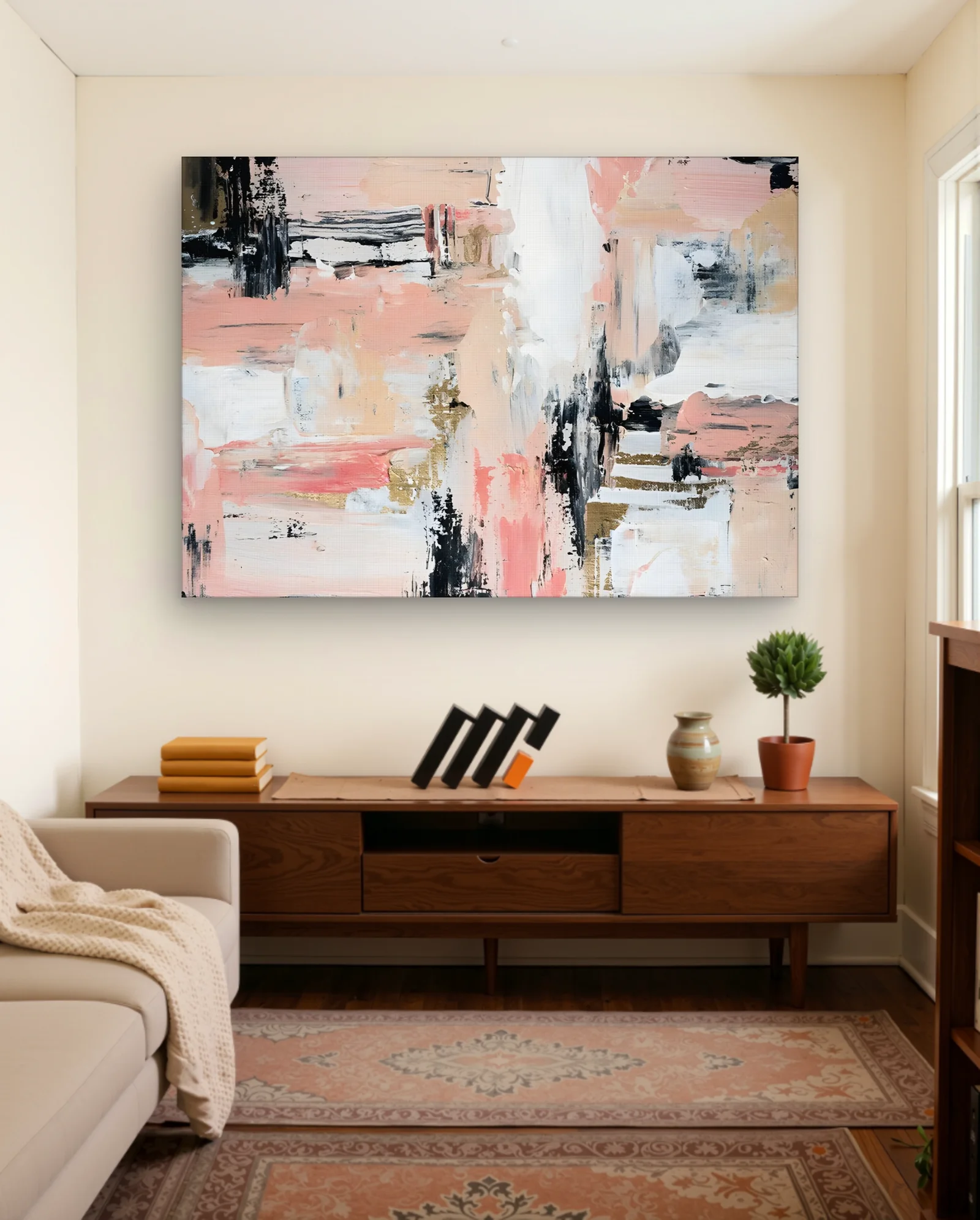 Blush Pink Gold Abstract Wall Art — framed wall art poster by Memocult