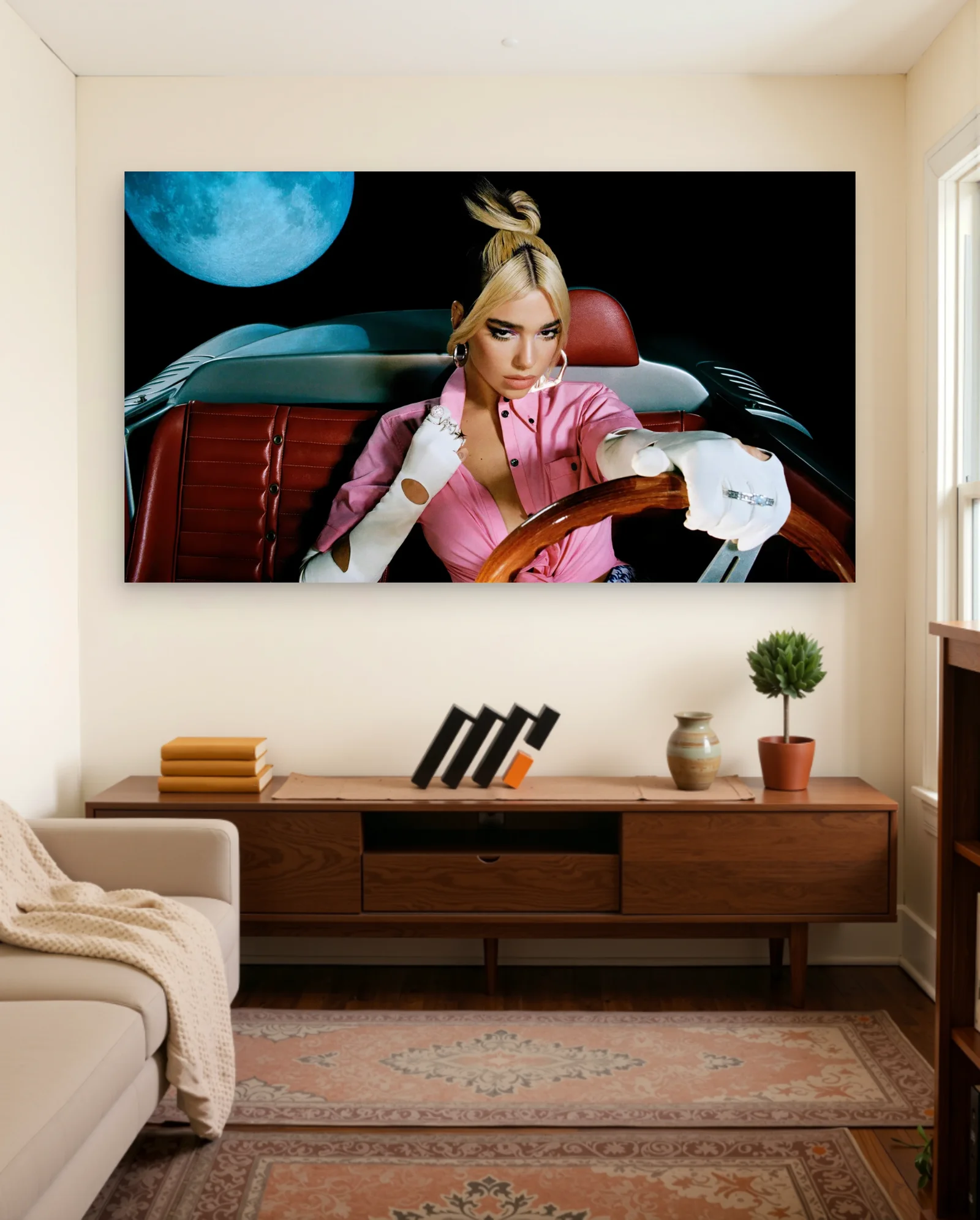 Dua Lipa Blue Moon Car Poster — framed wall art poster by Memocult