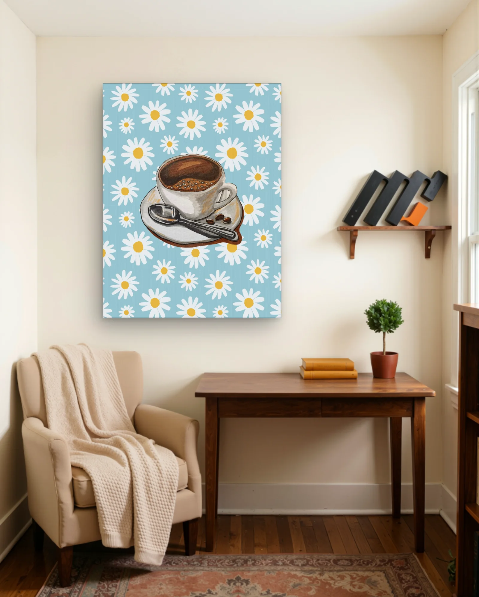 Espresso Cup With Daisies Wall Art — framed wall art poster by Memocult