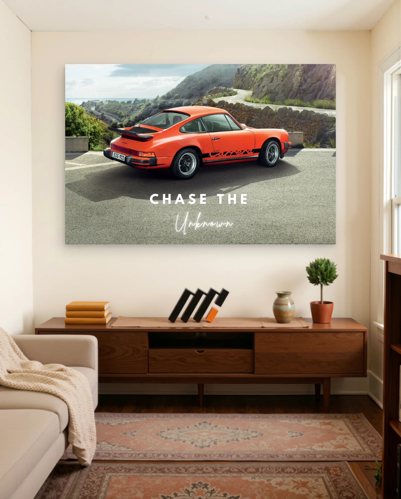 Orange Porsche 911 Carrera Coastal Poster — framed wall art poster by Memocult