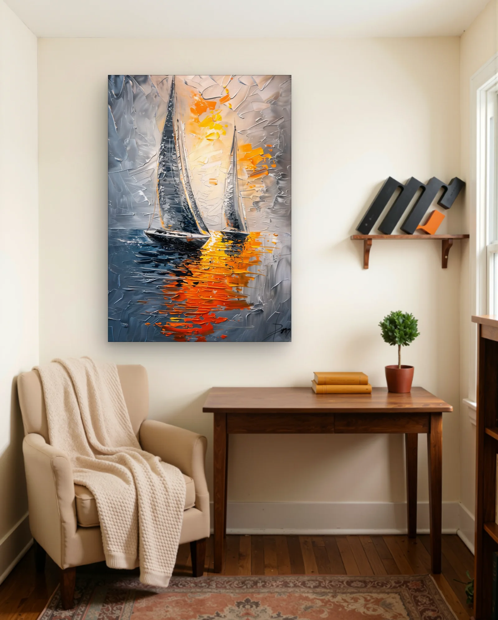 Sailboats Orange Sunset Reflection Wall Art — Abstract abstract & modern wall art poster