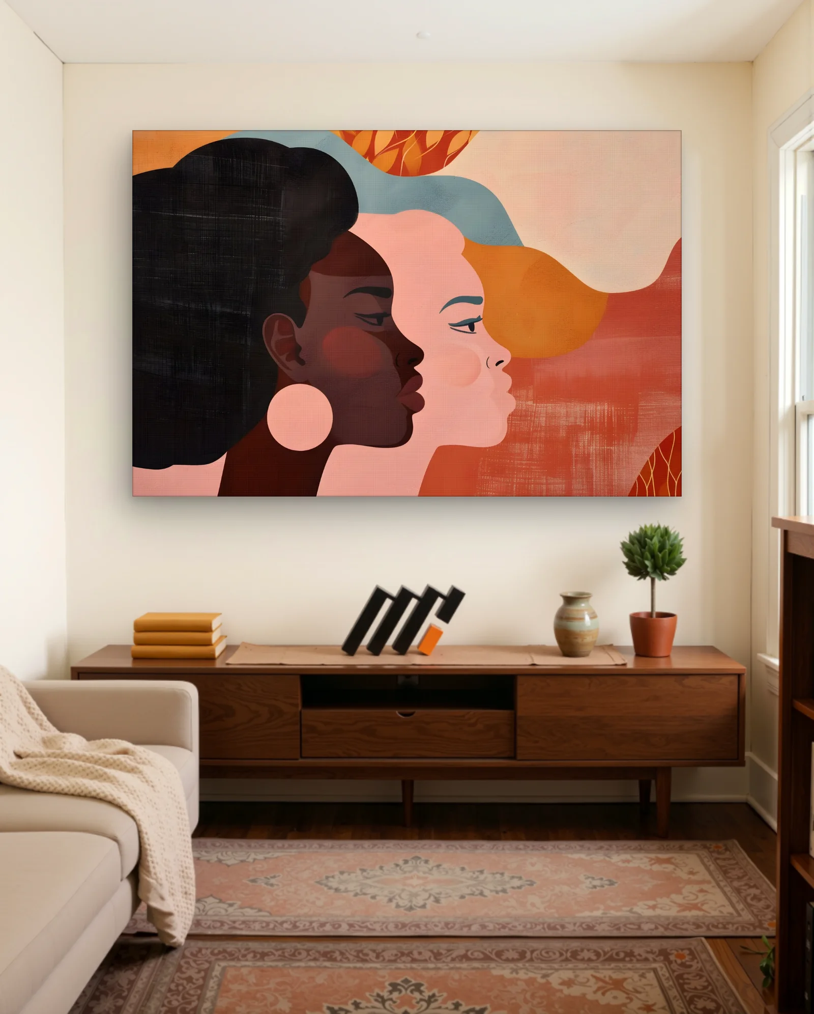 Dual Profiles Afro And Fair Skinned Women Wall Art — framed wall art poster by Memocult