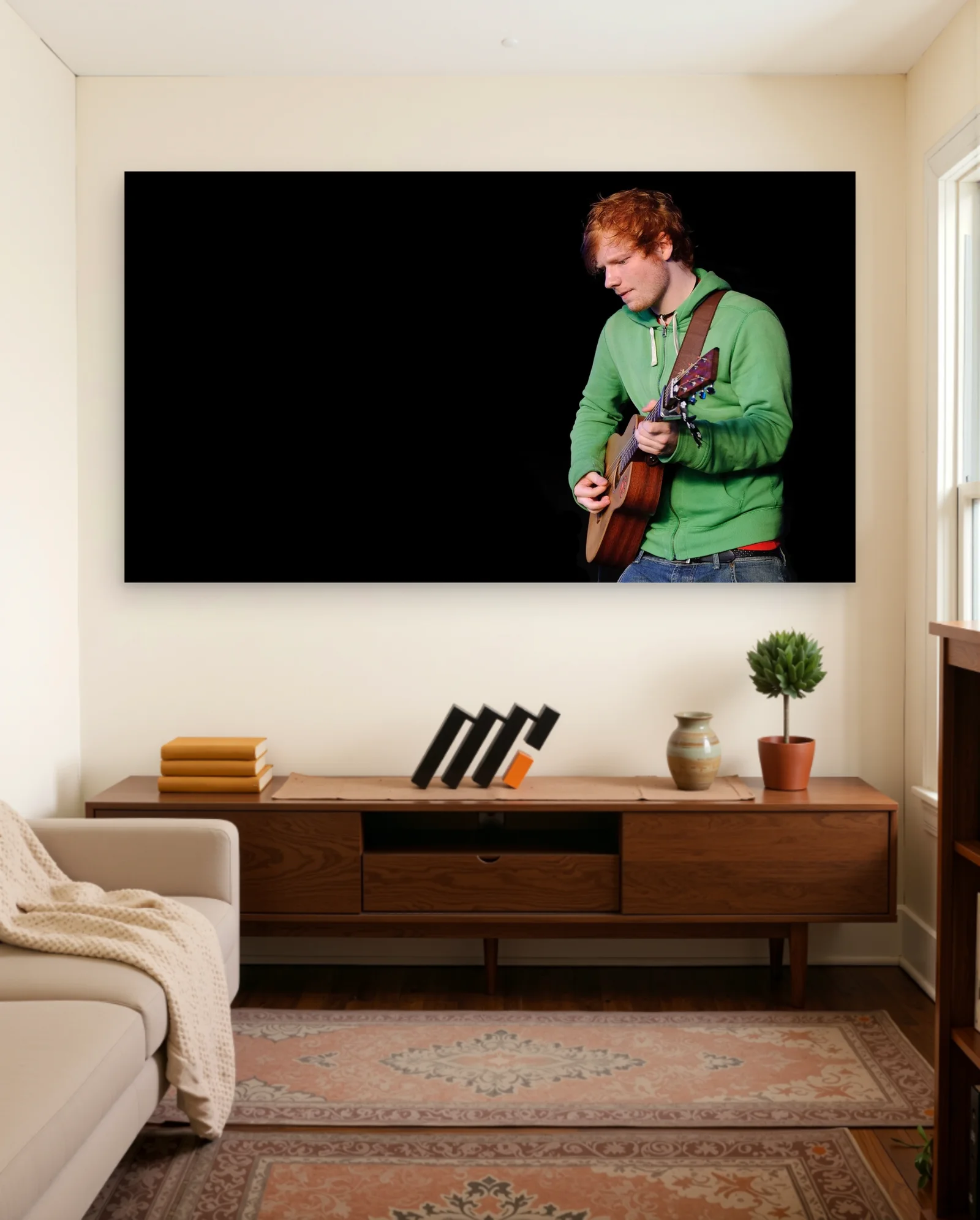 Ed Sheeran Playing Guitar Poster — framed wall art poster by Memocult