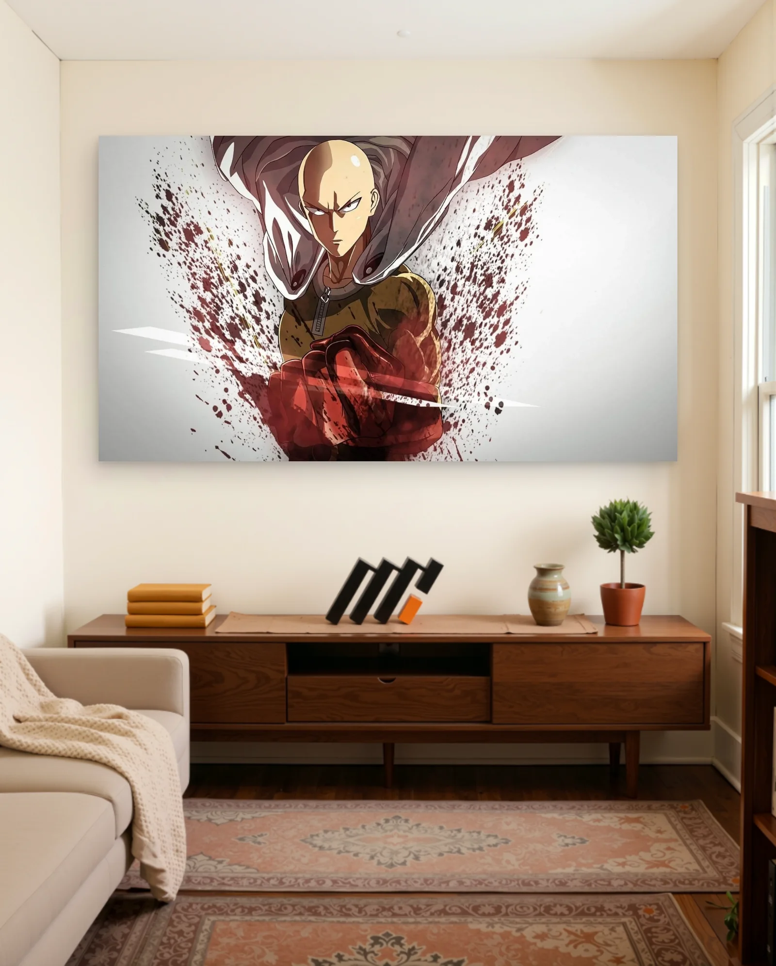 Saitama Red Splatter Punch Poster — framed wall art poster by Memocult