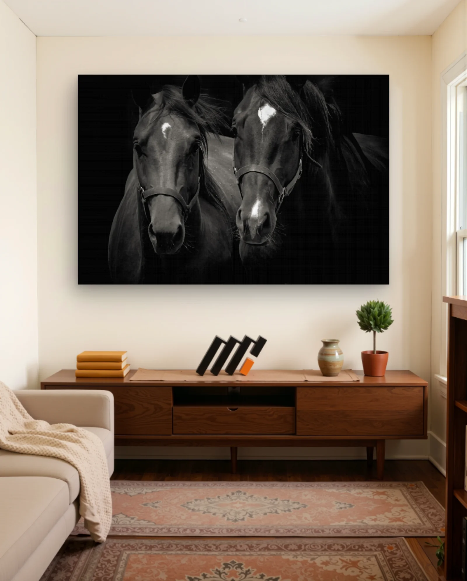 Two Black Horses With White Stars Wall Art — framed wall art poster by Memocult