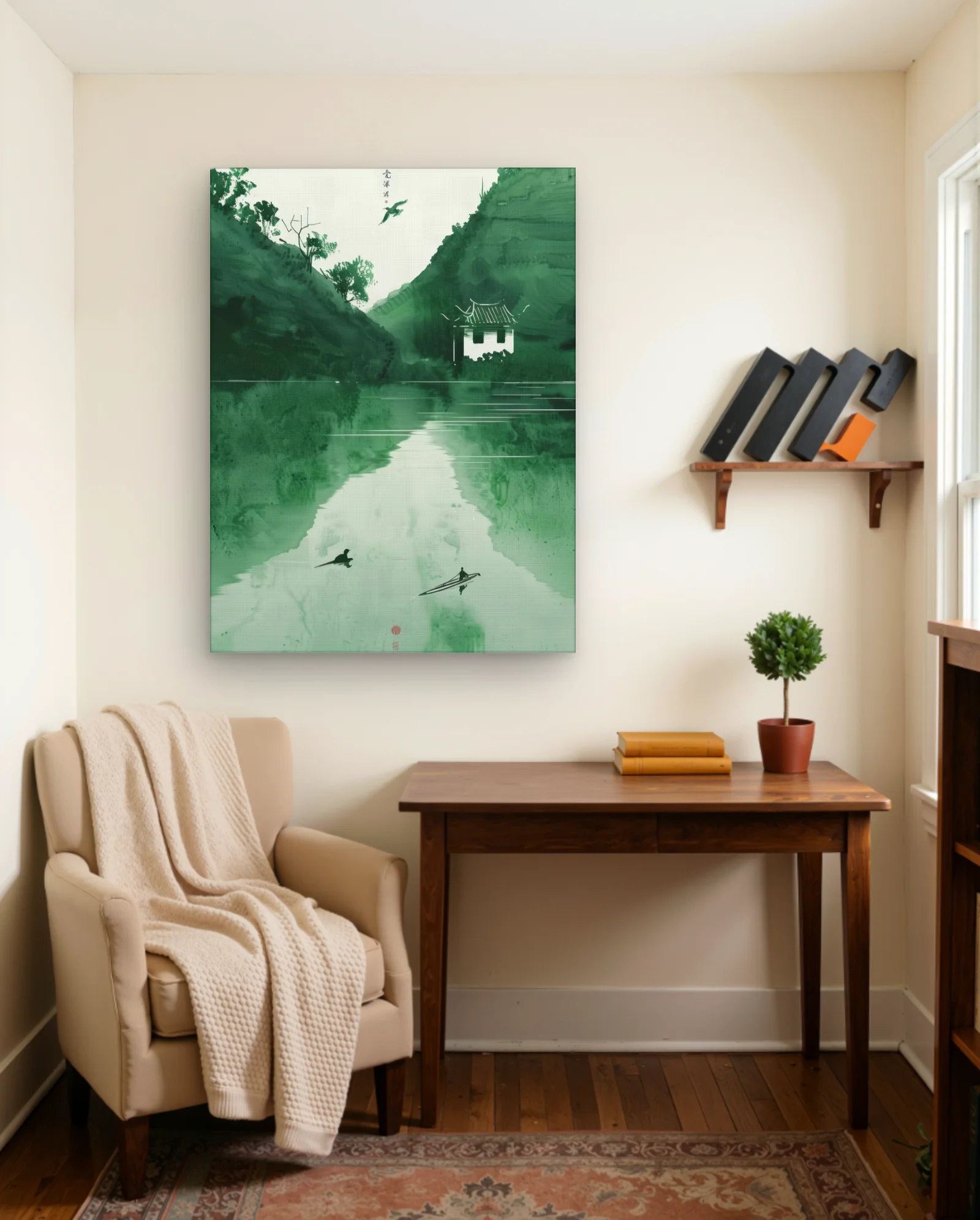 Emerald Ink River Lone Boat Bird Wall Art — framed wall art poster by Memocult