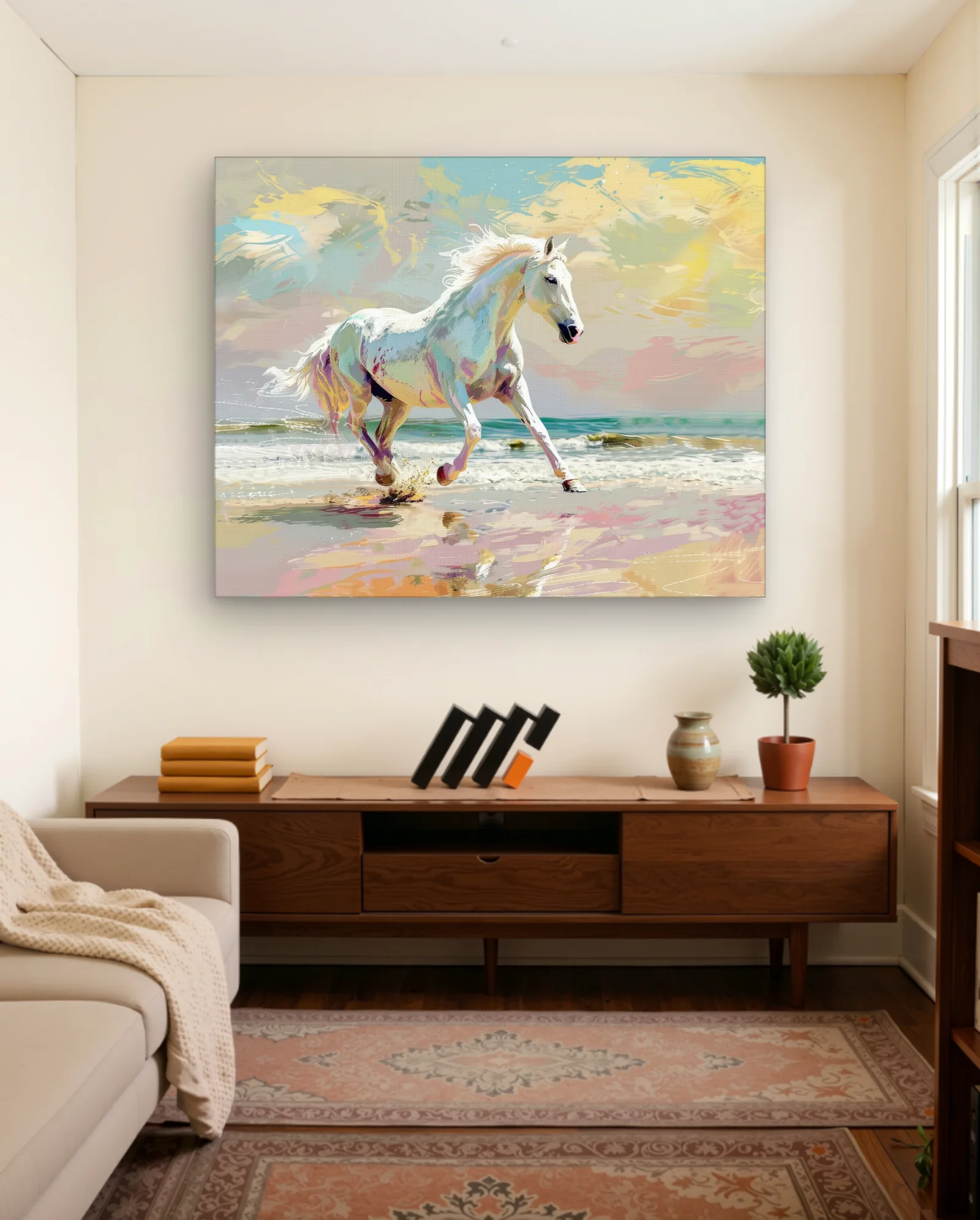 White Horse Running Beach Pastel Wall Art — framed wall art poster by Memocult
