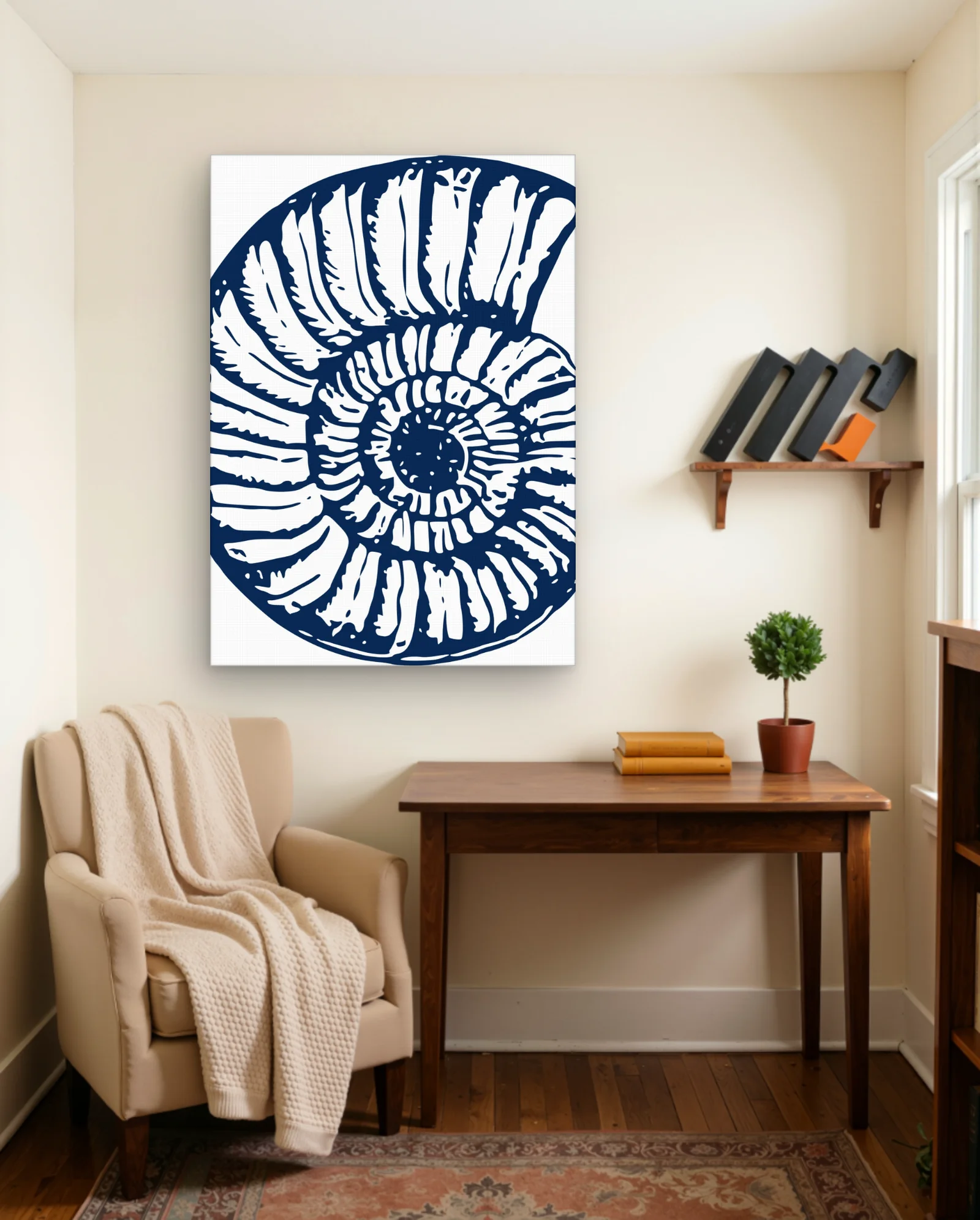 Ammonite Fossil Navy Wall Art — framed wall art poster by Memocult