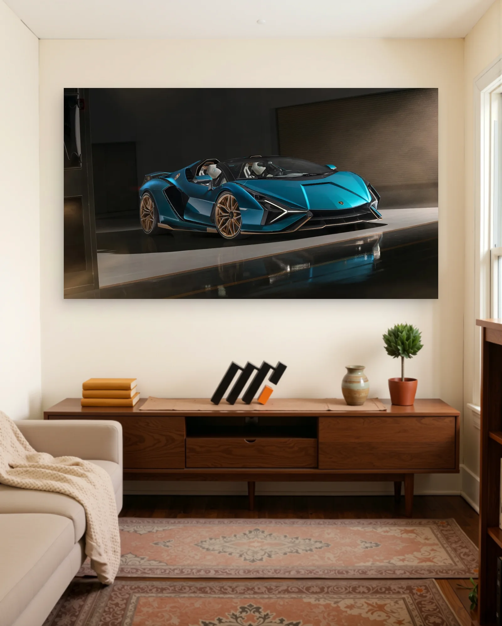 Lamborghini Sián Roadster — Teal Three‑Quarter Front in Reflective Garage — framed wall art poster by Memocult