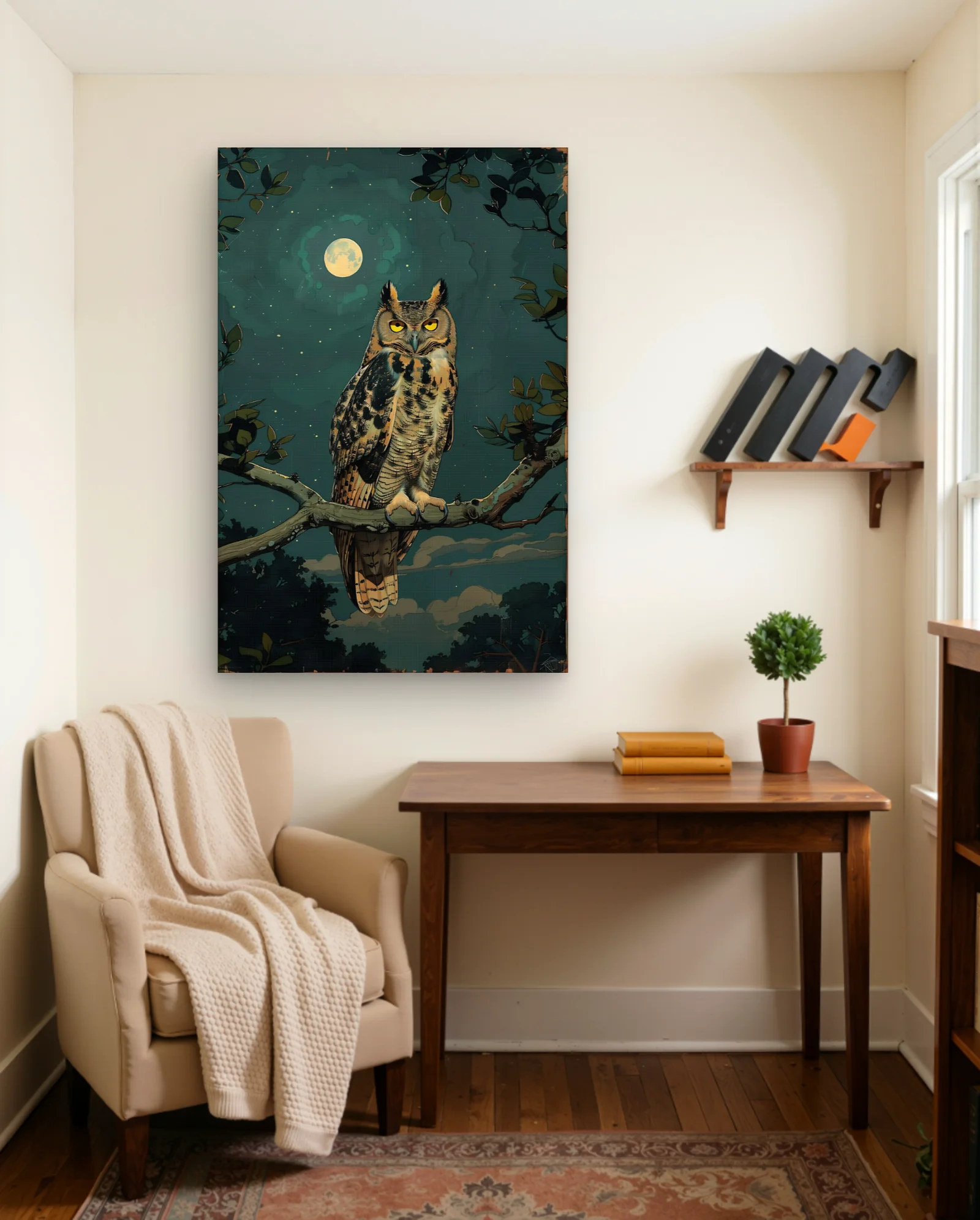 Great Horned Owl Moonlit Branch Wall Art — Abstract abstract & modern wall art poster