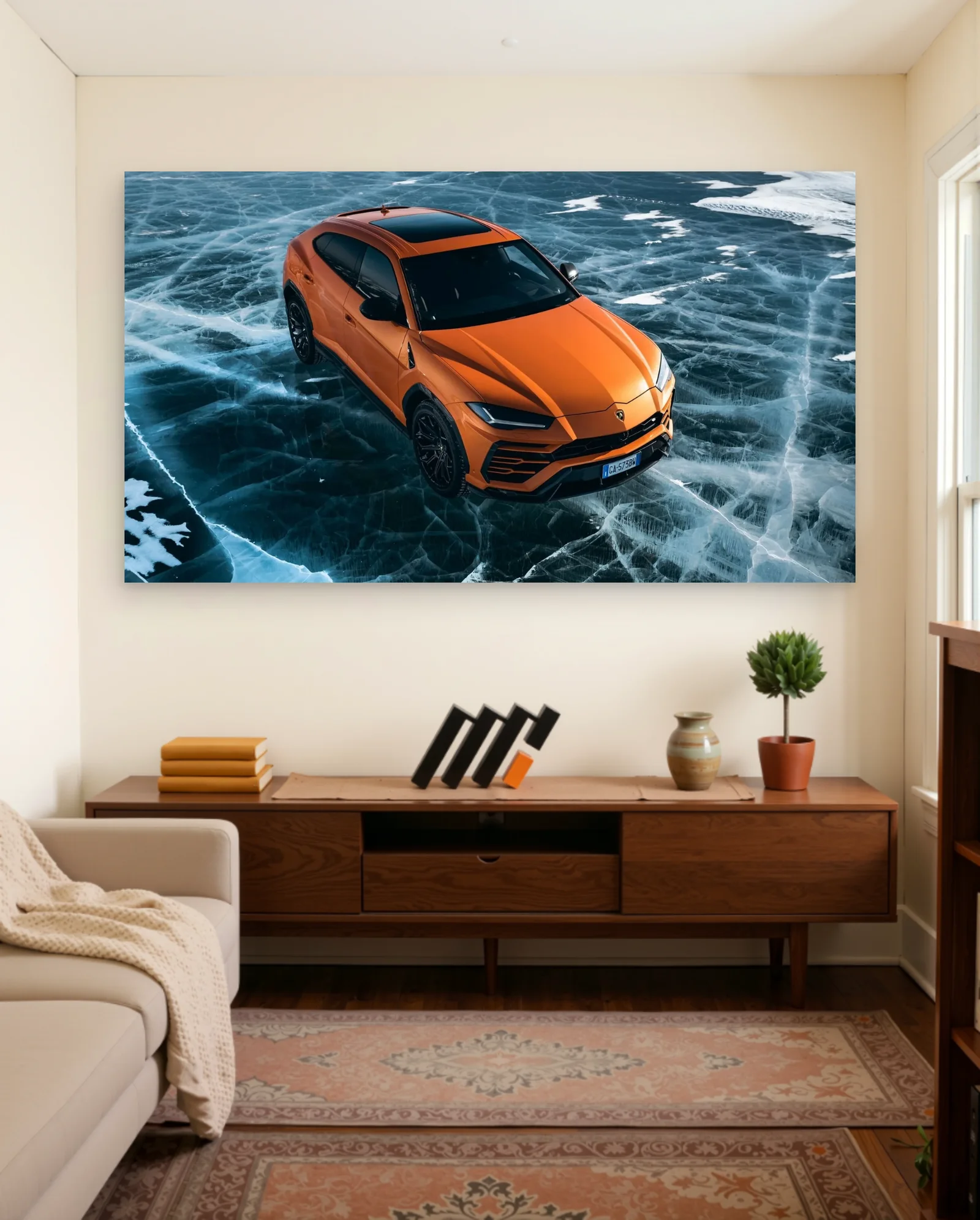 Lamborghini Urus — Orange three-quarter SUV on cracked blue ice — framed wall art poster by Memocult
