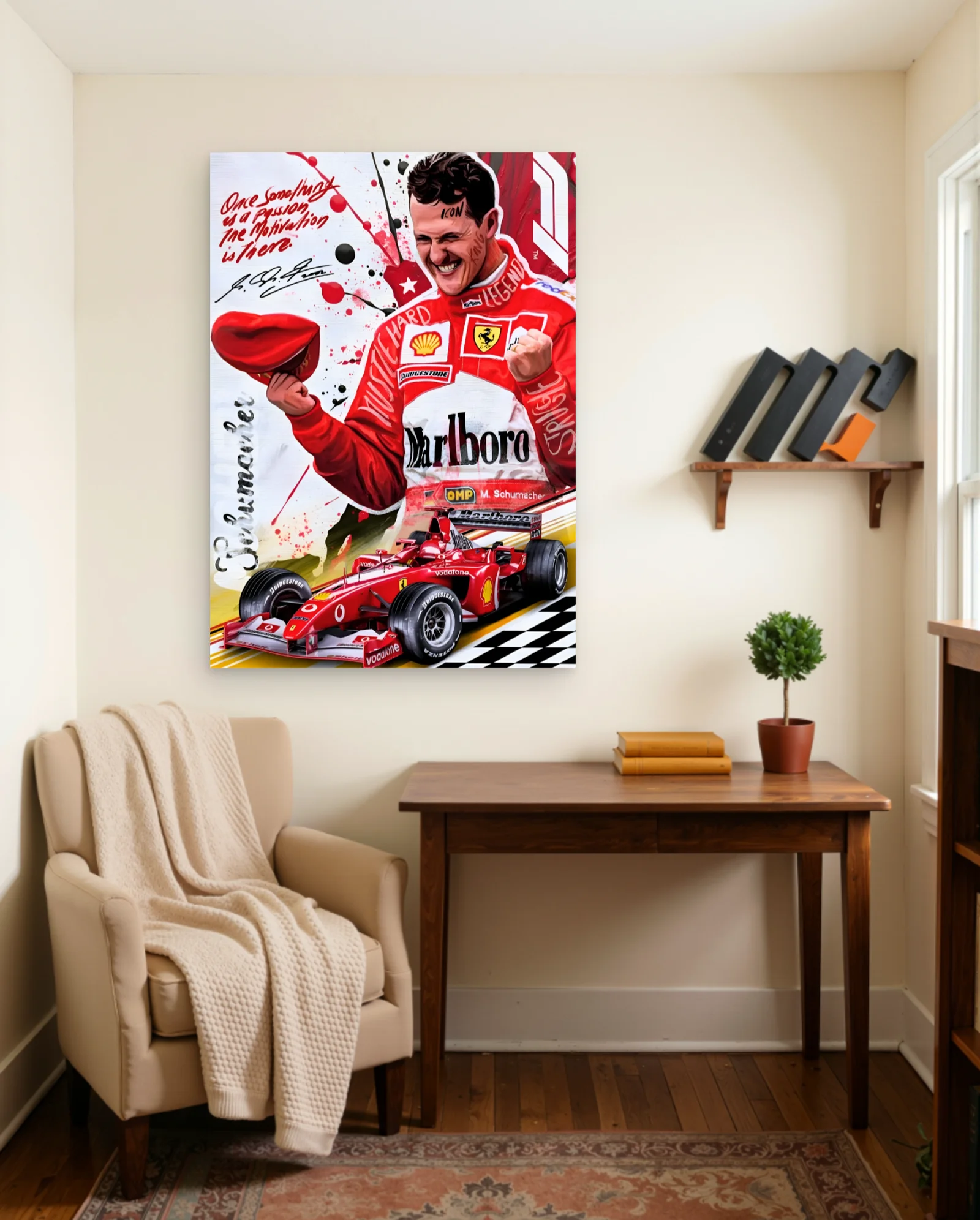 Michael Schumacher Ferrari Poster — framed wall art poster by Memocult