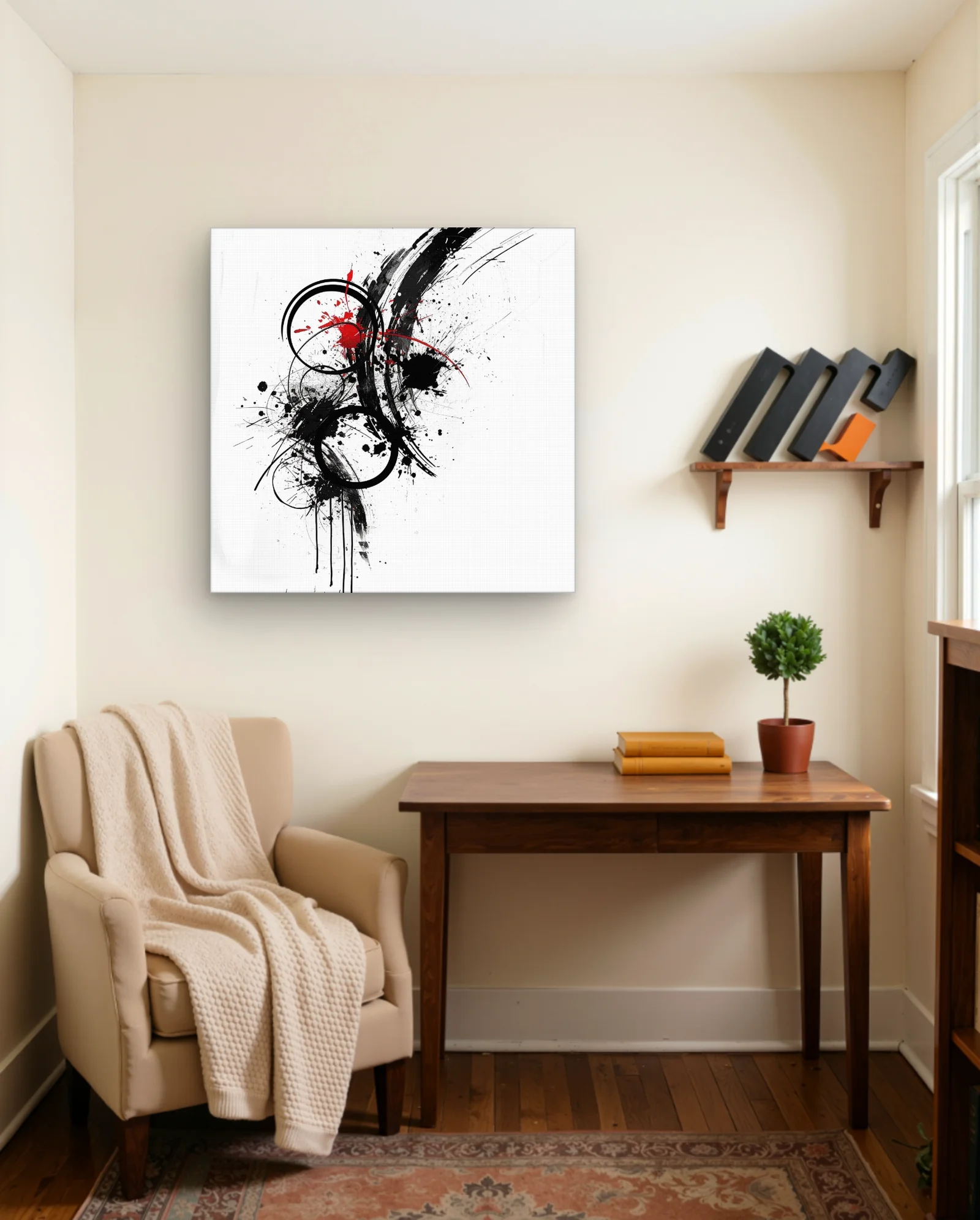 Black Ink Rings Splatter Red Accent Wall Art — framed wall art poster by Memocult
