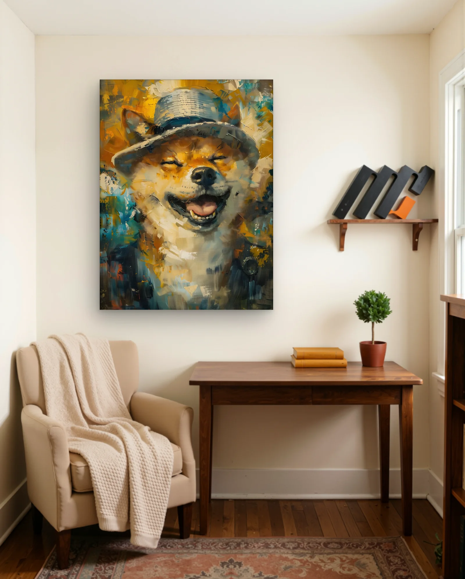Shiba Inu Laughing With Fedora Wall Art — framed wall art poster by Memocult
