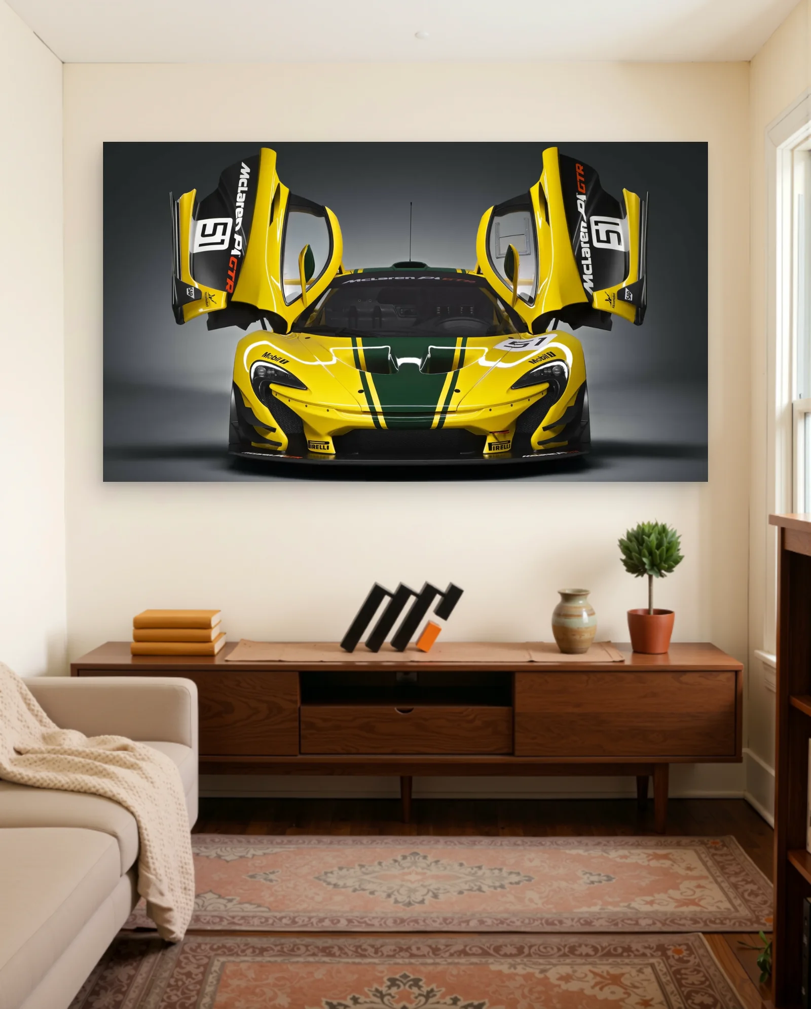 McLaren P1 GTR 51 Yellow Green Poster — framed wall art poster by Memocult