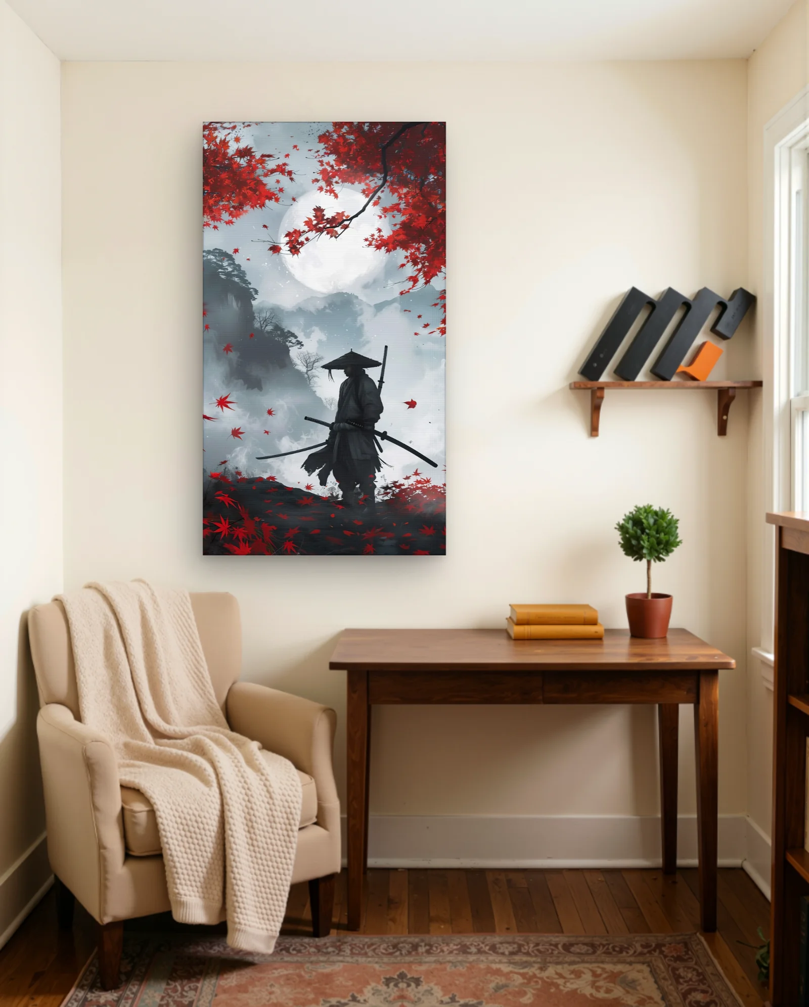 Samurai With Straw Hat And Red Maple Leaves Art Print — framed wall art poster by Memocult