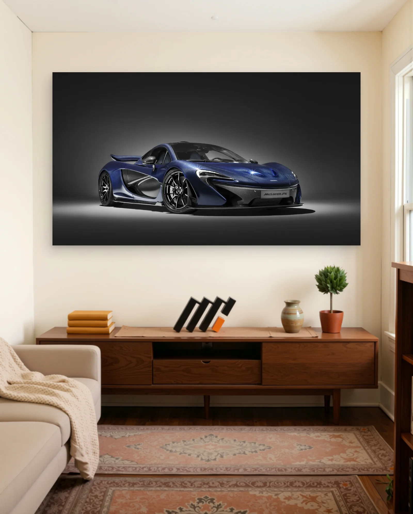 Deep Blue Carbon McLaren P1 Poster — framed wall art poster by Memocult