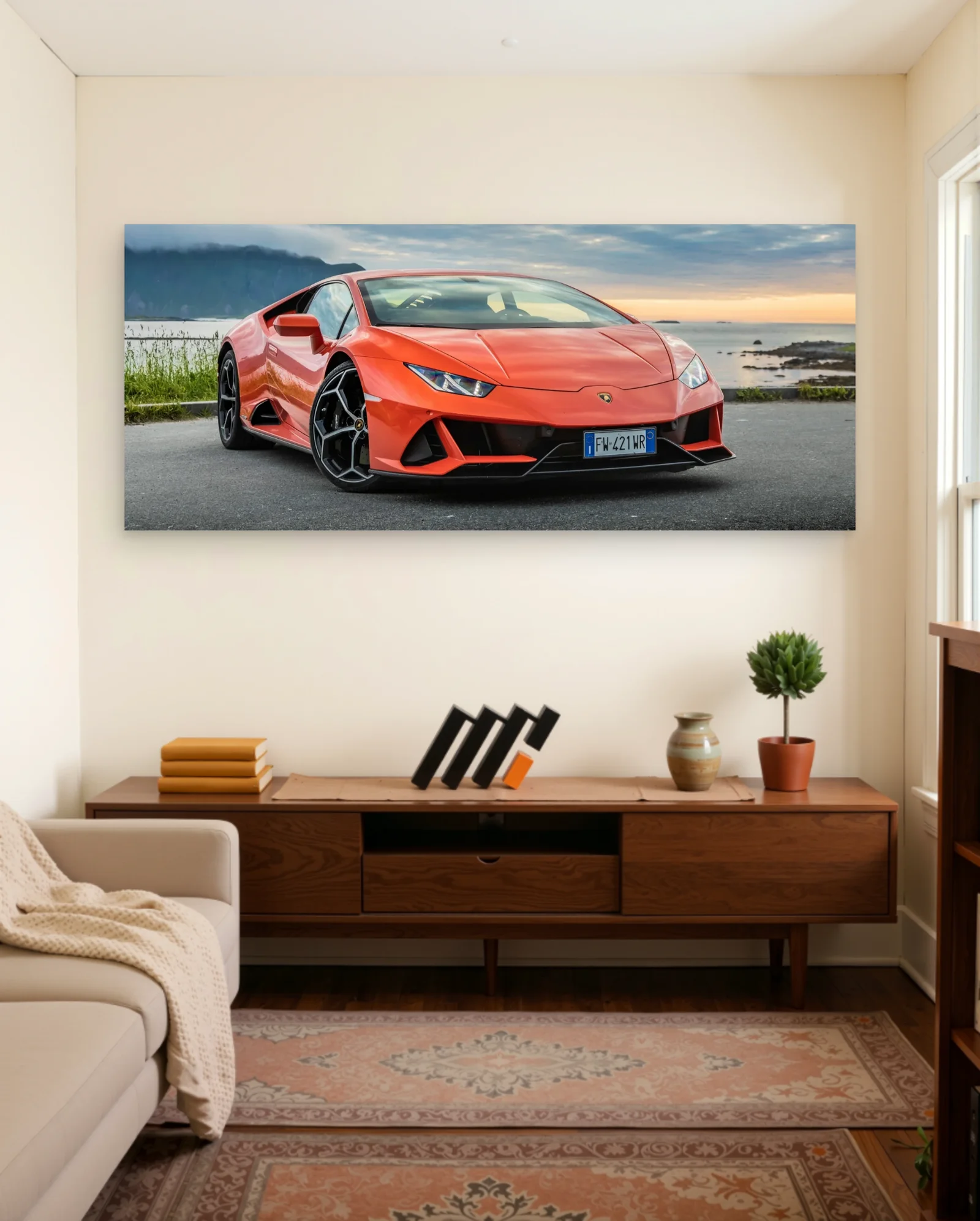 Orange Lamborghini Huracan on Coastal Road — framed wall art poster by Memocult