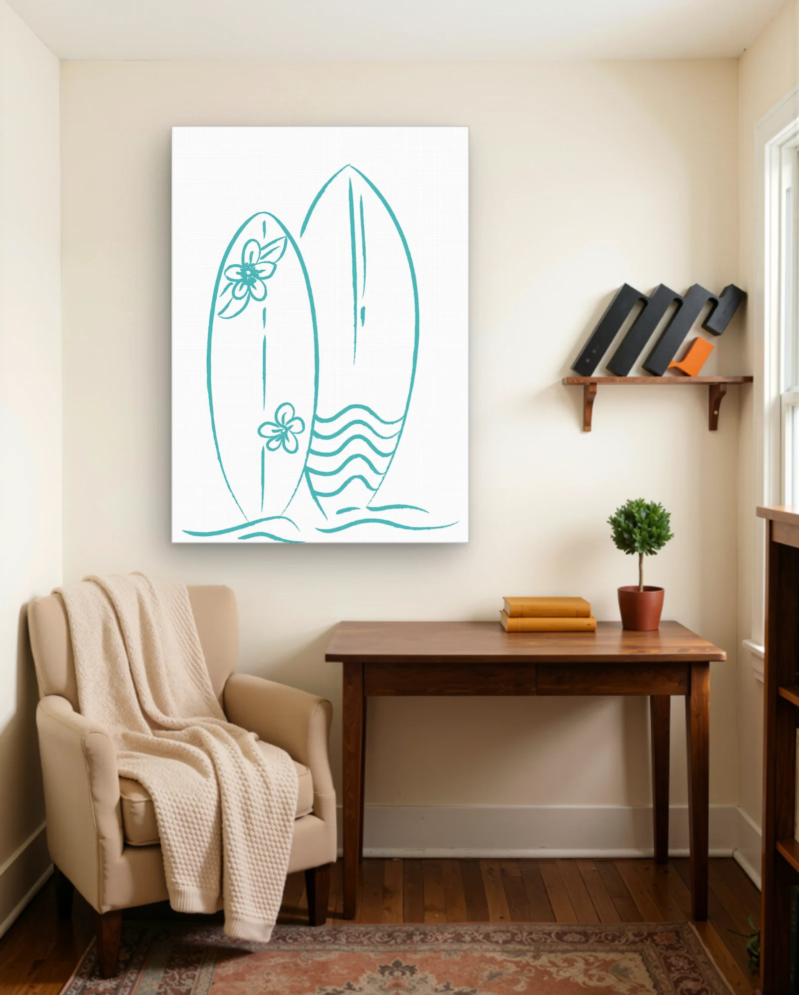 Turquoise Surfboards With Flowers And Waves Wall Art — Modern Digital Art abstract & modern wall art poster